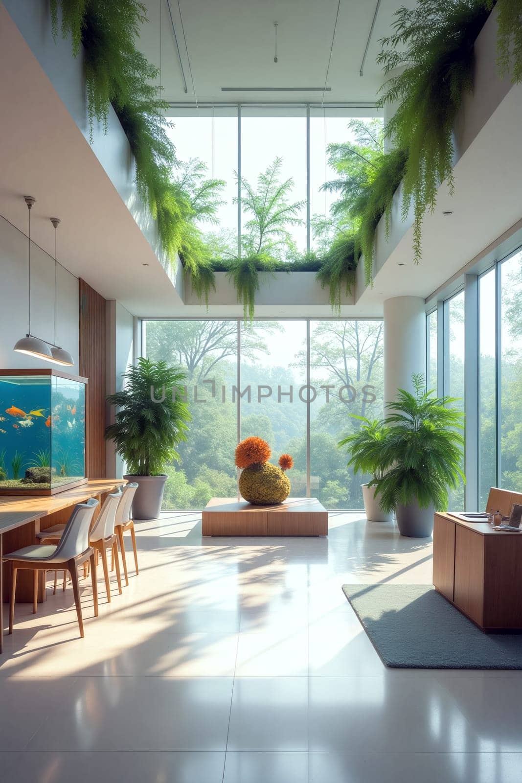 A spacious modern living area with large windows, abundant greenery, a decorative centerpiece, and a calming aquatic vibe creates serenity - Generative AI