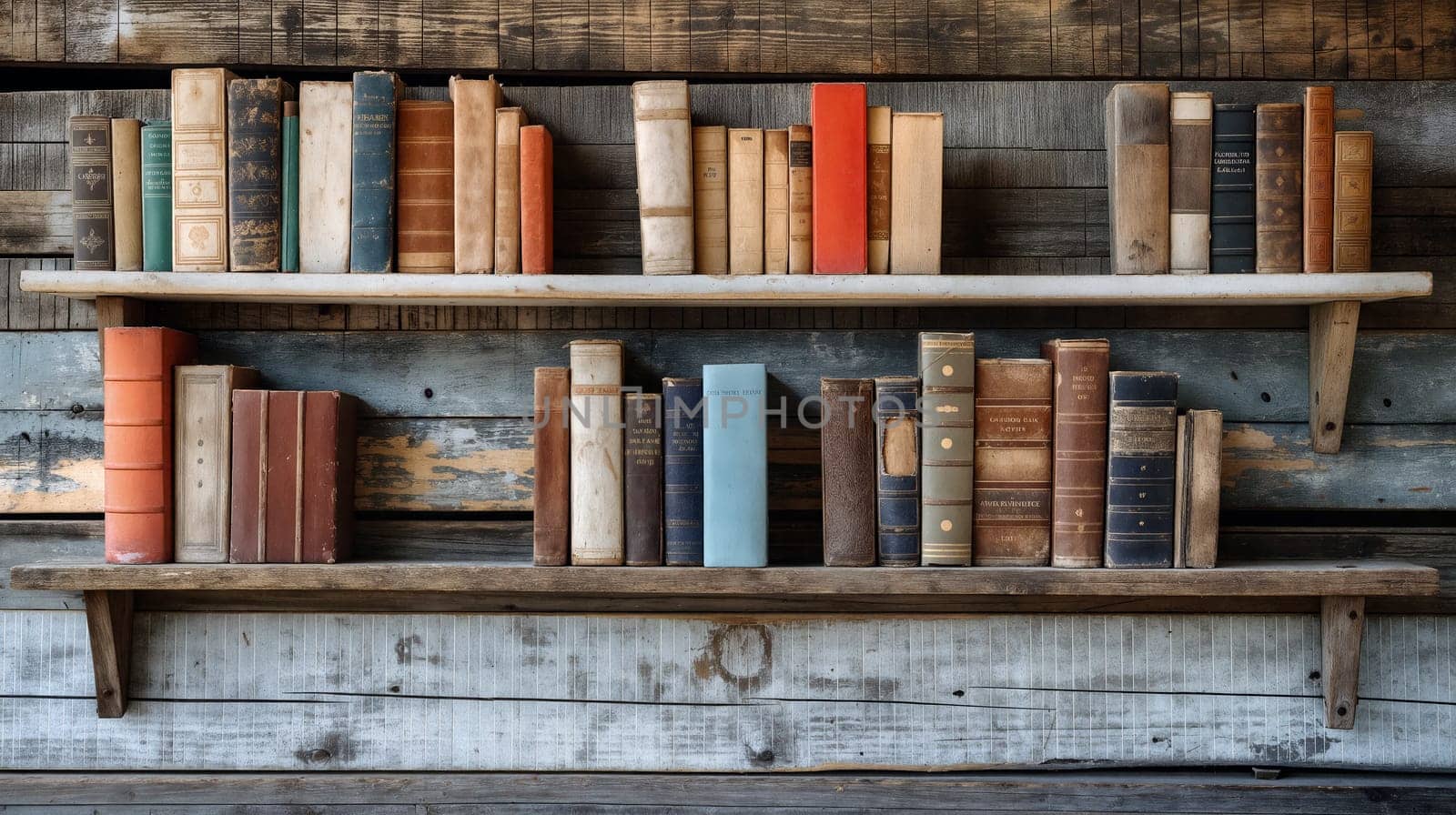 A rustic wooden shelf showcases a diverse array of vintage books with worn covers, arranged in an inviting manner against a weathered wood backdrop - Generative AI