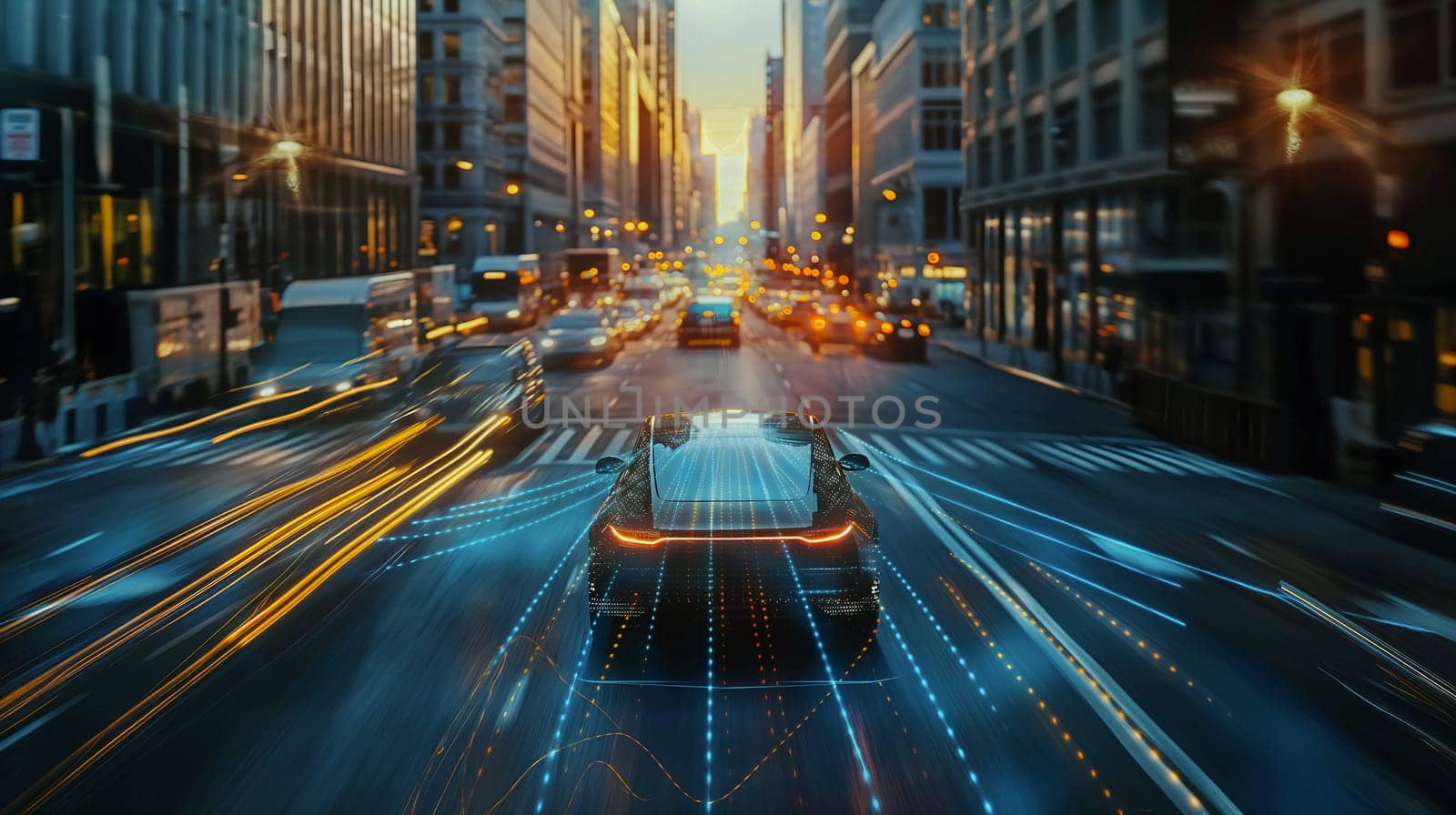 An electric vehicle moves swiftly along a bustling city avenue as buildings reflect the warm glow of sunset, creating a mesmerizing urban atmosphere - Generative AI
