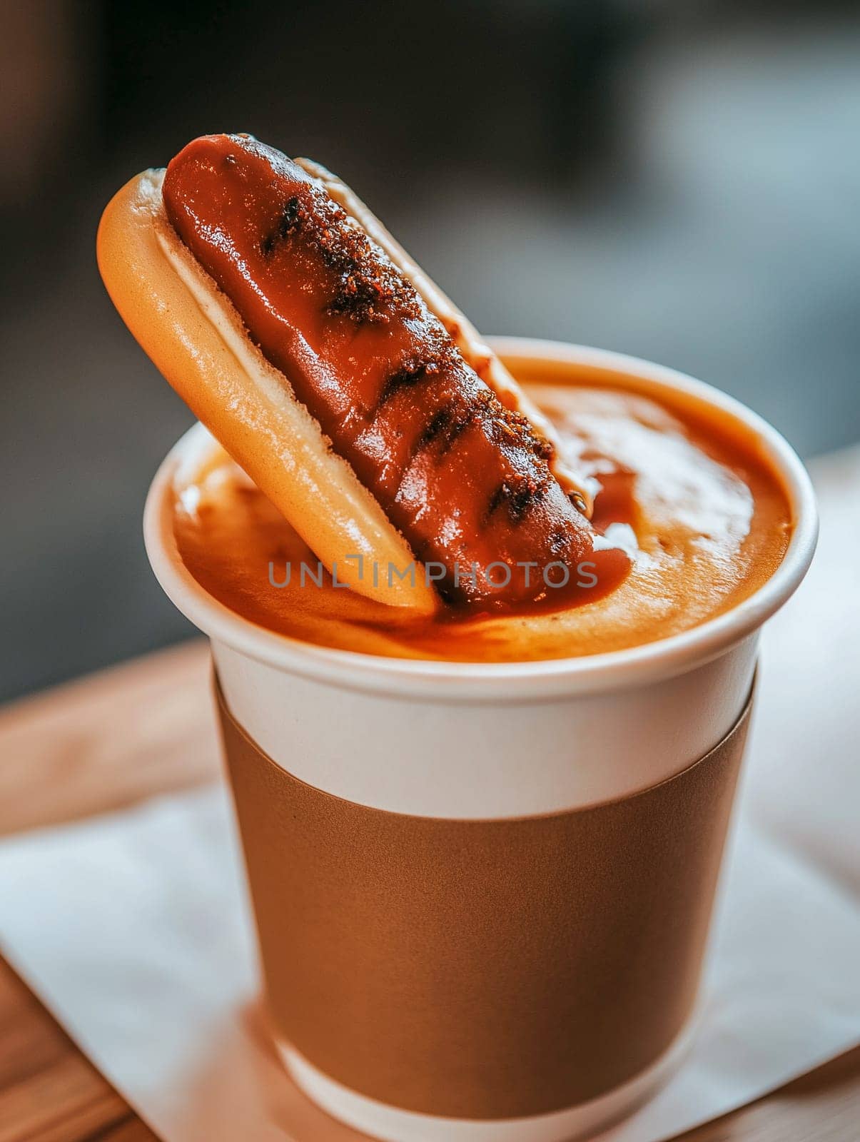 A hot dog is sitting on top of a cup of coffee. The hot dog is covered in mustard and ketchup