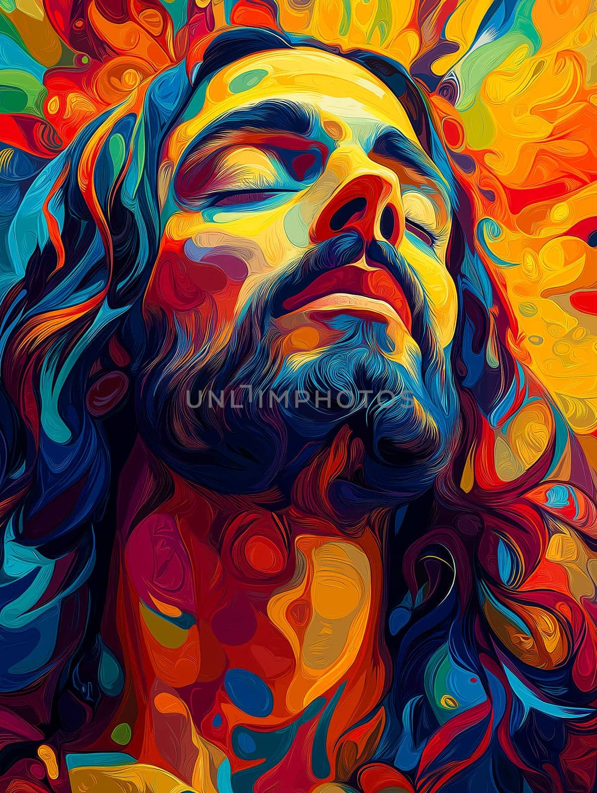 A colorful painting of a man with a beard and long hair. The painting is abstract and has a lot of different colors. The man's face is the main focus of the painting, and it is in a relaxed