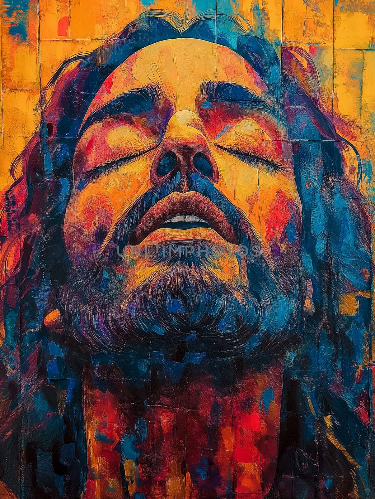 A man with a beard and long hair is painted in a colorful style. The painting is abstract and has a spiritual feel to it