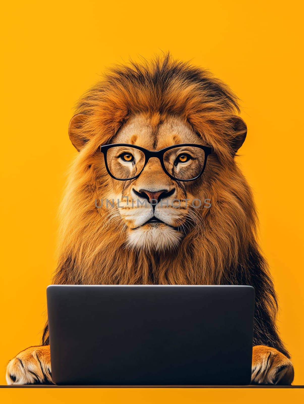 A lion wearing glasses is sitting in front of a laptop computer. Concept of curiosity and intelligence, as the lion appears to be using the laptop as if it were a human