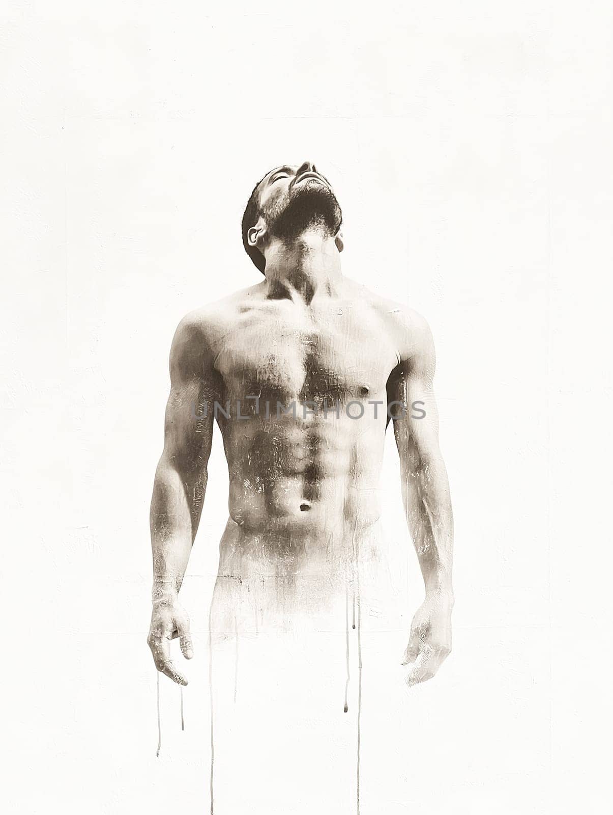 A man is standing in the air with his arms outstretched. The image is a black and white photograph of a naked man. Scene is one of vulnerability and openness. The man's bare chest