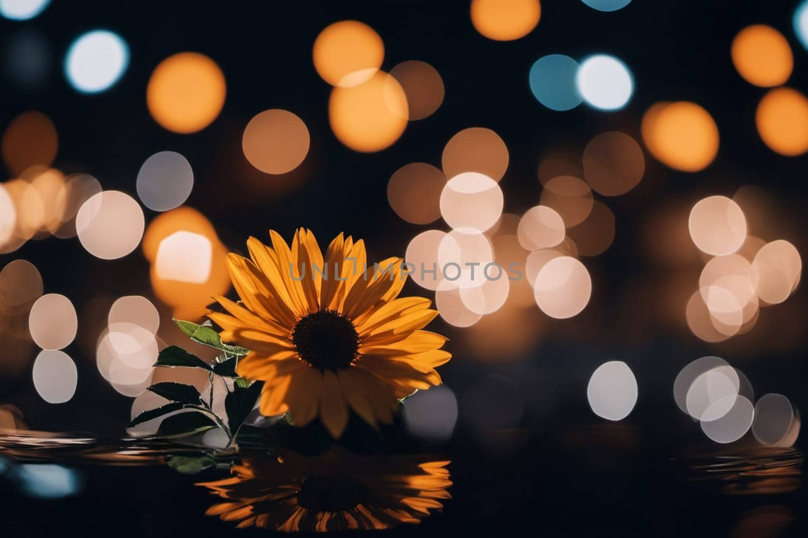 A yellow flower is floating on the surface of a body of water. The water is surrounded by a blurry background, giving the image a dreamy, ethereal quality. The flower is the main focus of the image