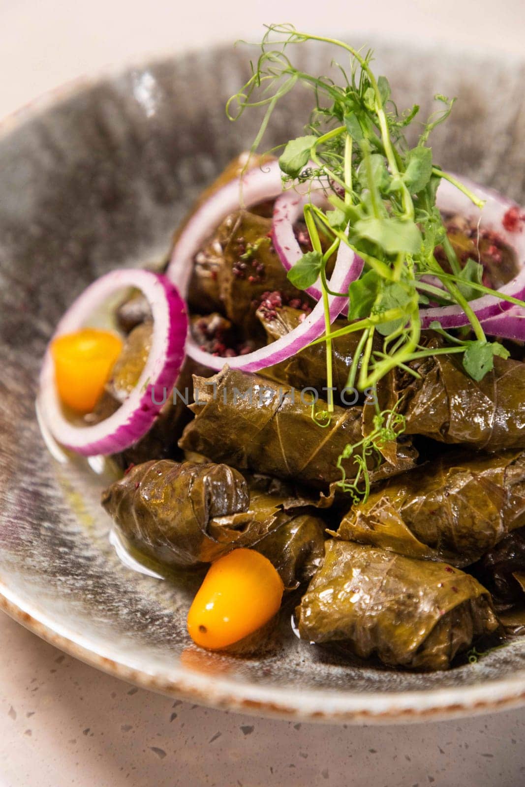 Dolma is a dish consisting of various vegetables, meat and spices wrapped in grape leaves, very common in the mediterranean and middle east