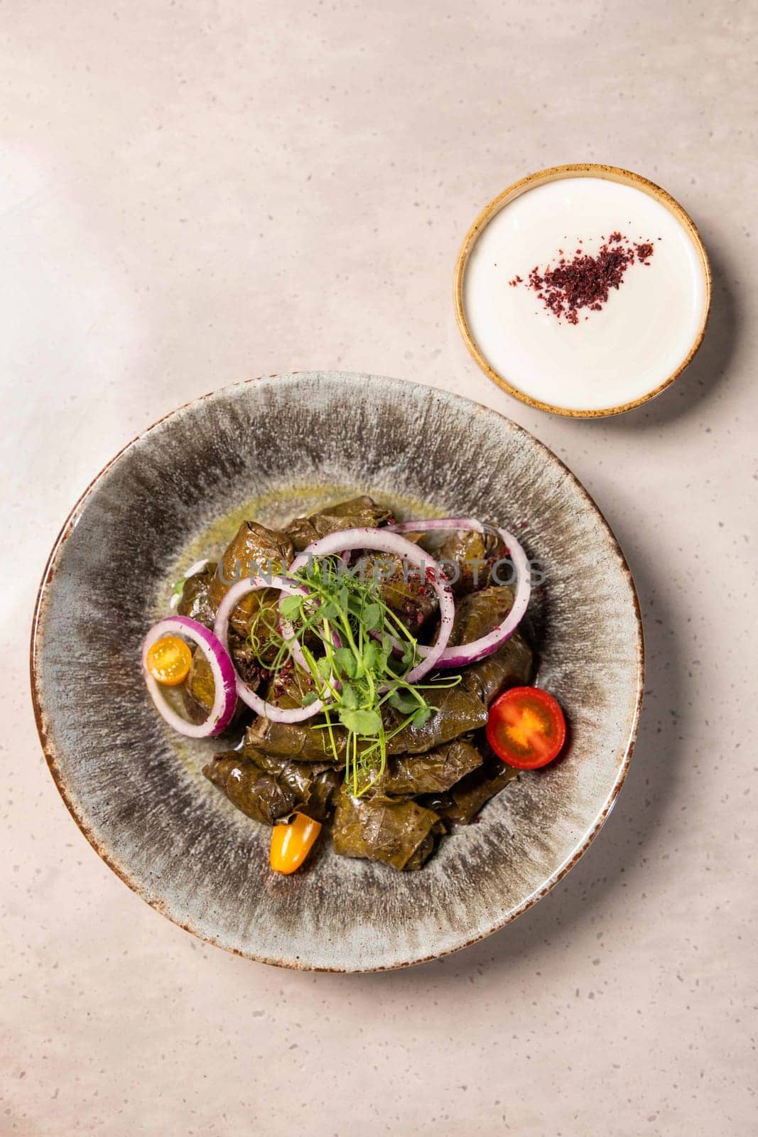 Plate of dolma, decorated with herbs and spices, accompanied by a bowl of yogurt sauce