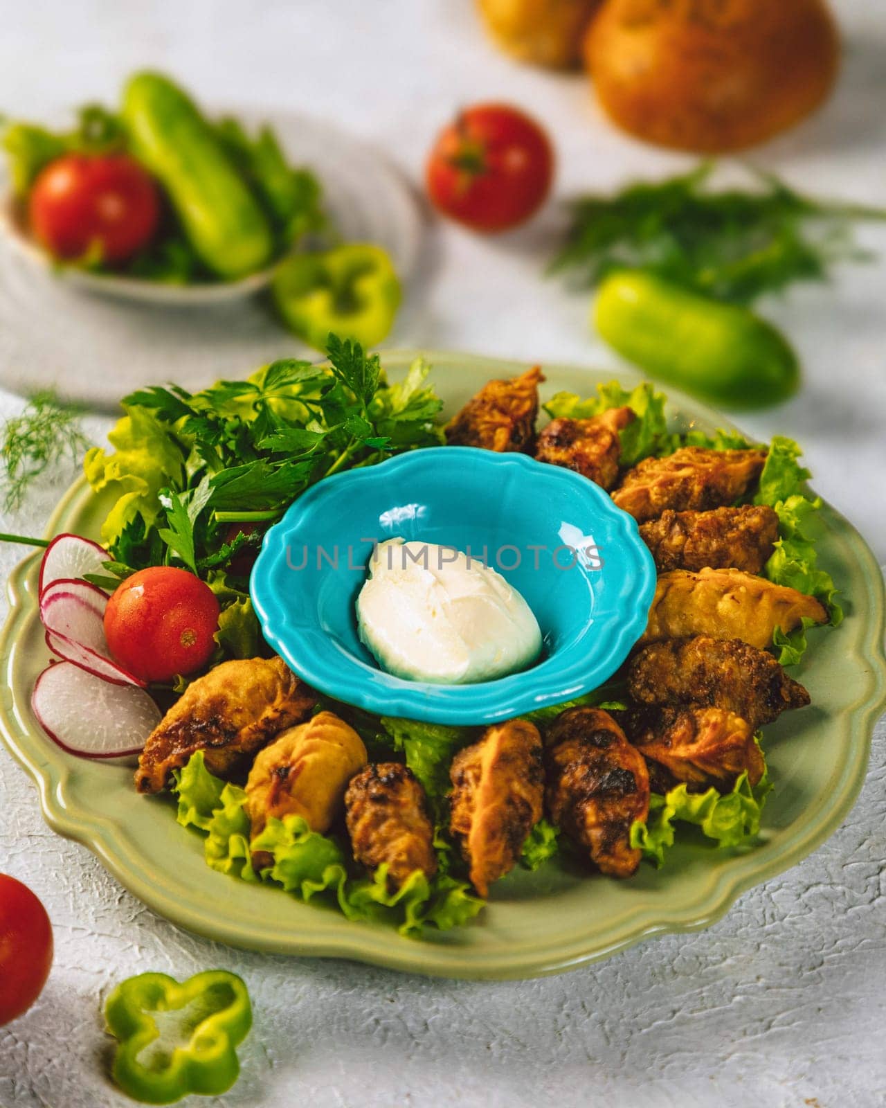 Fried gyoza dumplings are served on a plate with lettuce, tomatoes, radishes, and a side of white dipping sauce