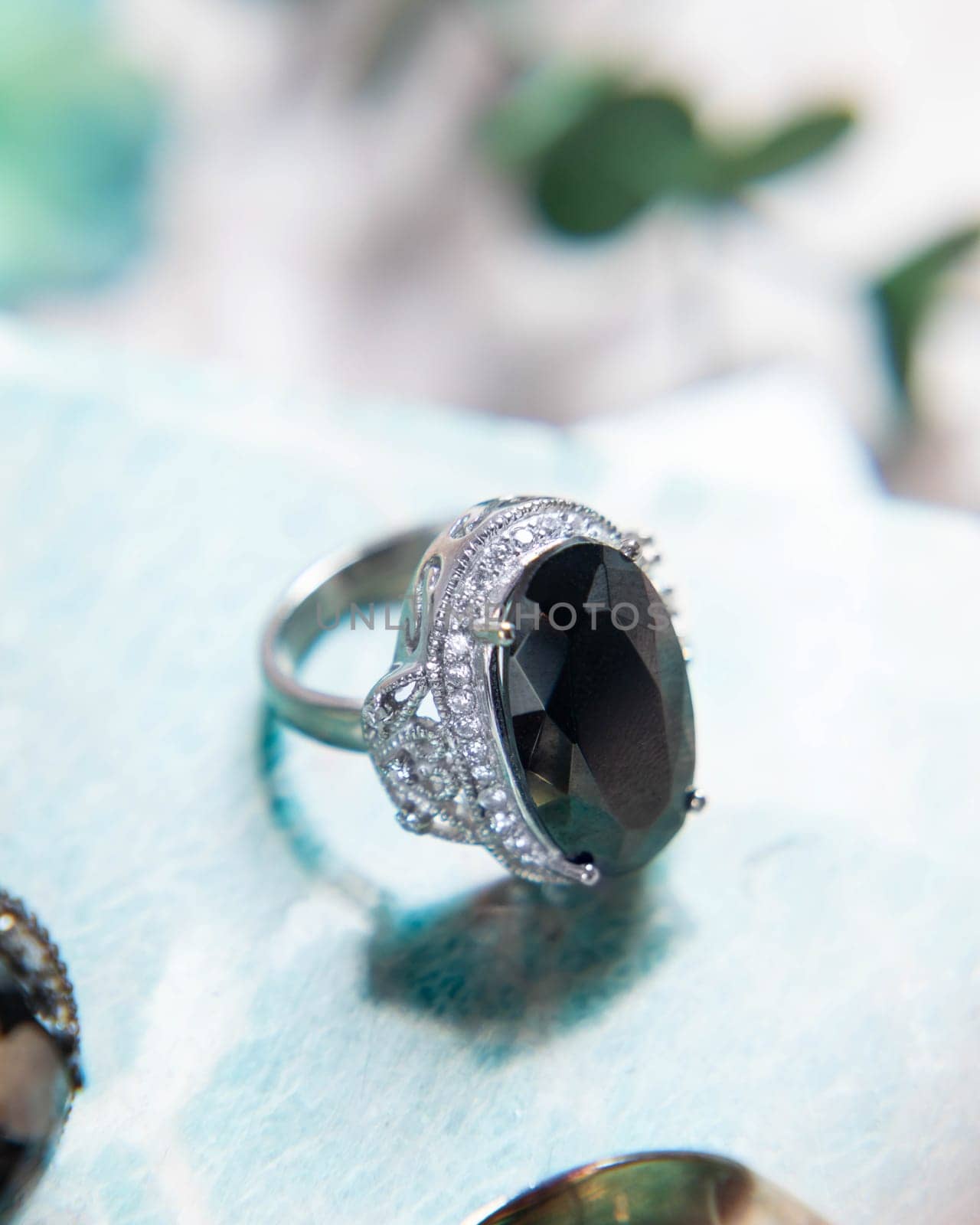 Silver ring with black gemstone and diamonds on light blue background with blurred green leaves