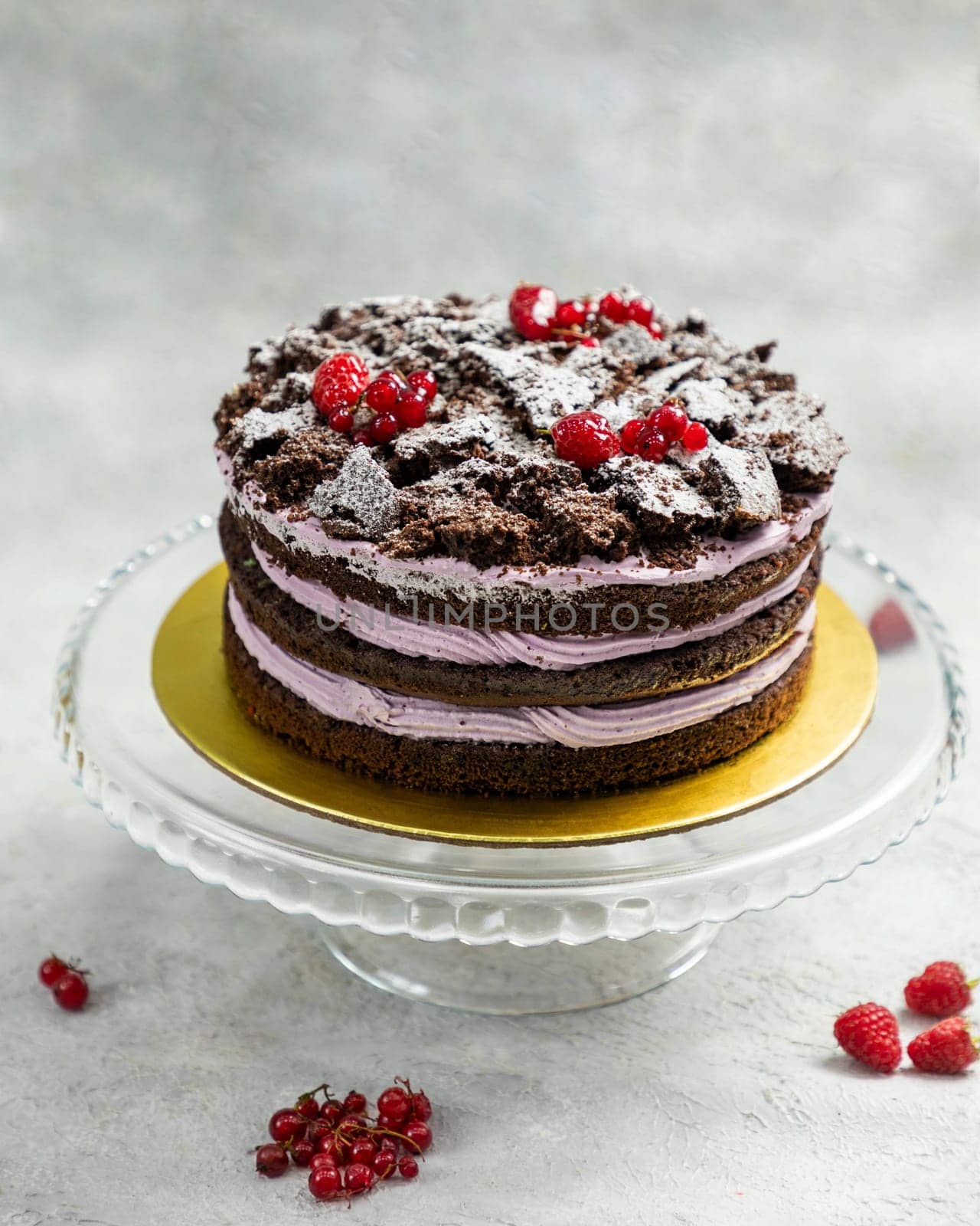 Chocolate cake decorated with red berries and chocolate sprinkles sitting on a glass stand