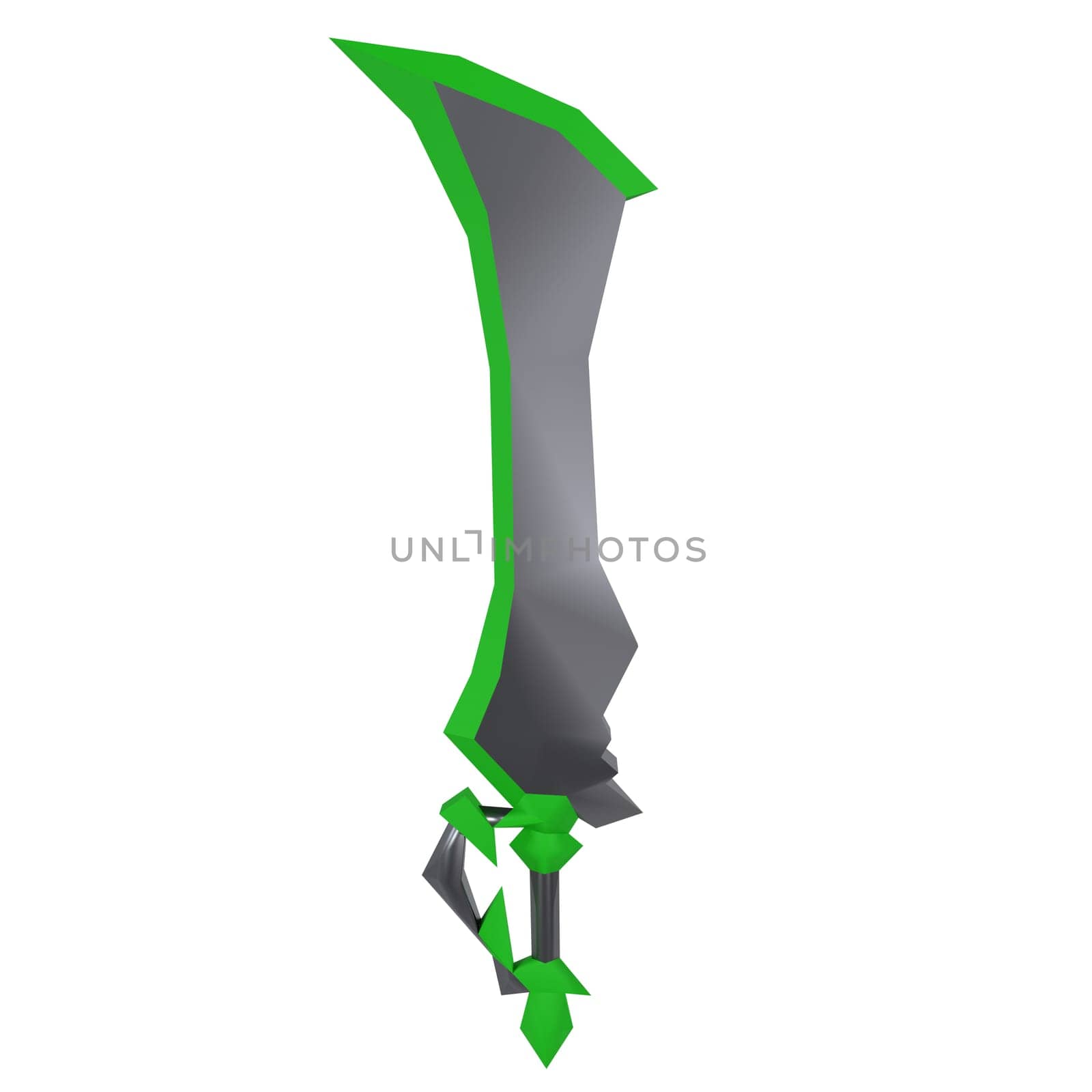 A sharp, stylized sword featuring a green outline rests upright, highlighting its design.
