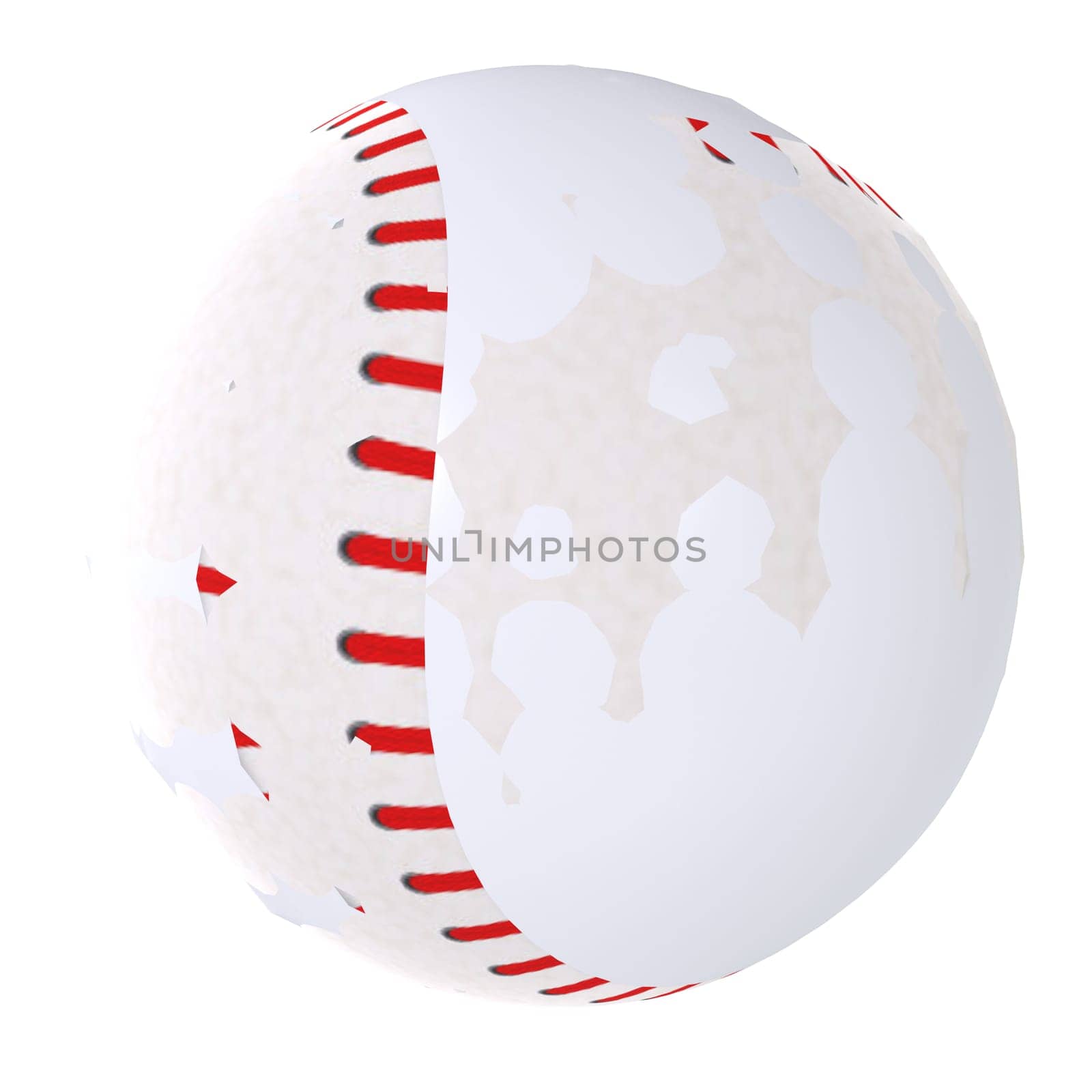 A slightly worn white baseball featuring prominent red stitching is displayed.