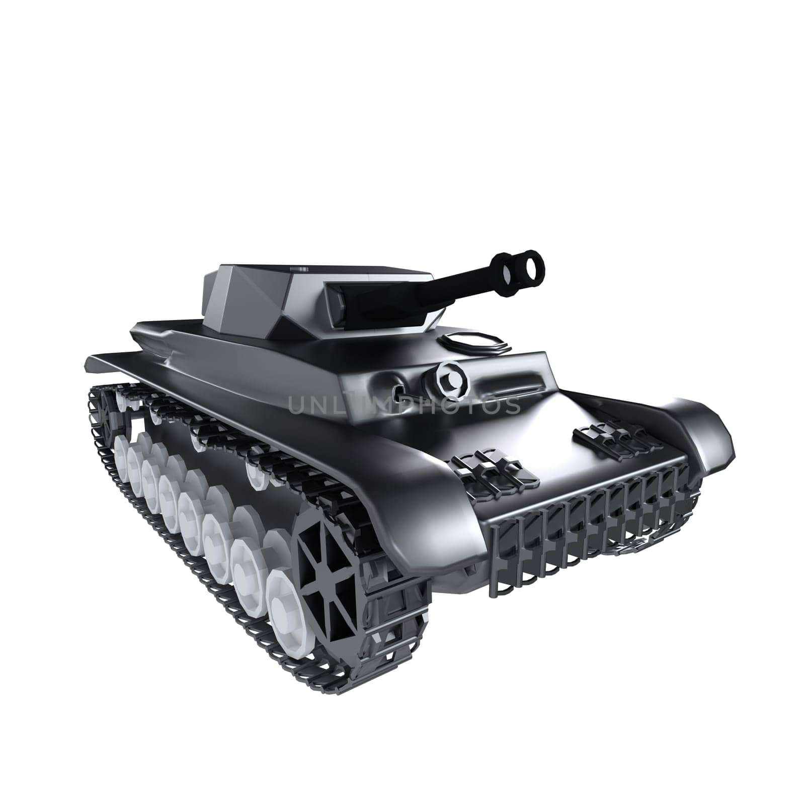 A detailed black toy tank sits on a white background, showcasing its design.