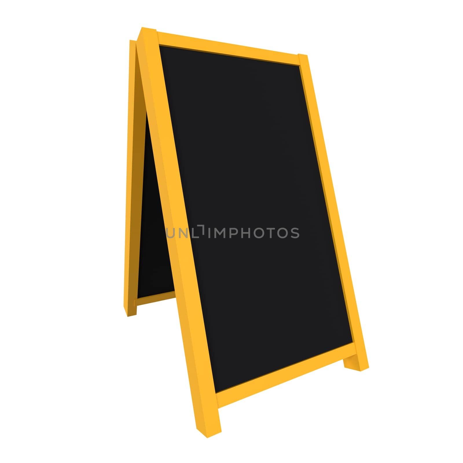 A vibrant yellow chalkboard stand is ready for messages and creative artwork.