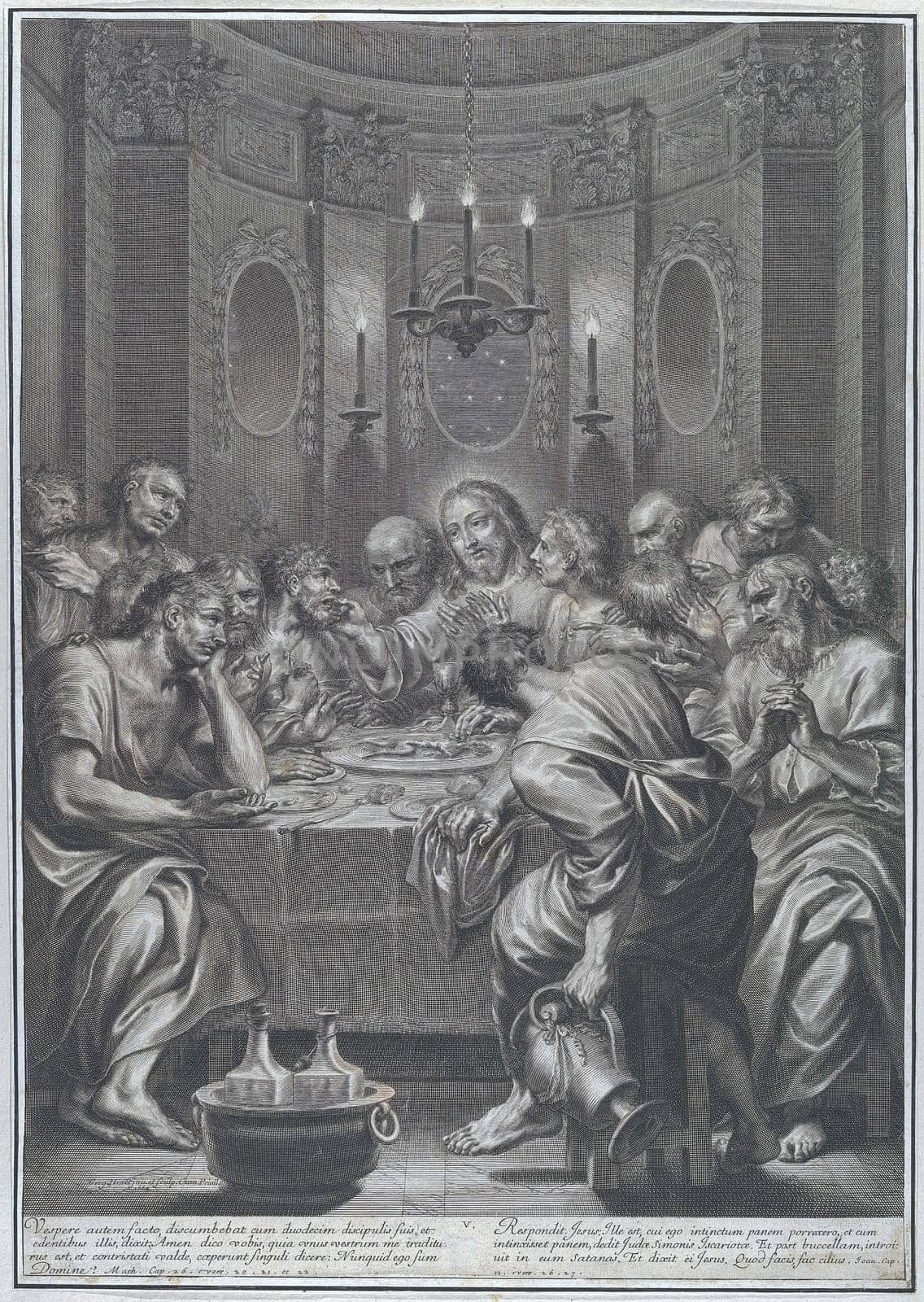The Last Supper engraving by Gregoire Huret, depicting Jesus and his disciples at the Last Supper.