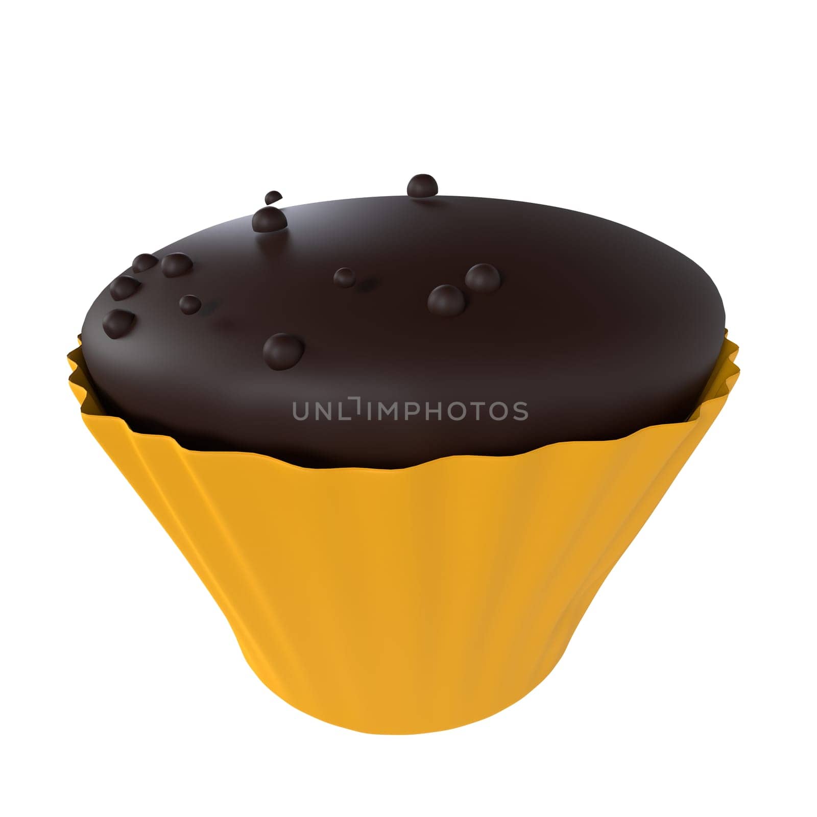 A rich chocolate cupcake sits in a bright yellow wrapper, showcasing its glossy surface.