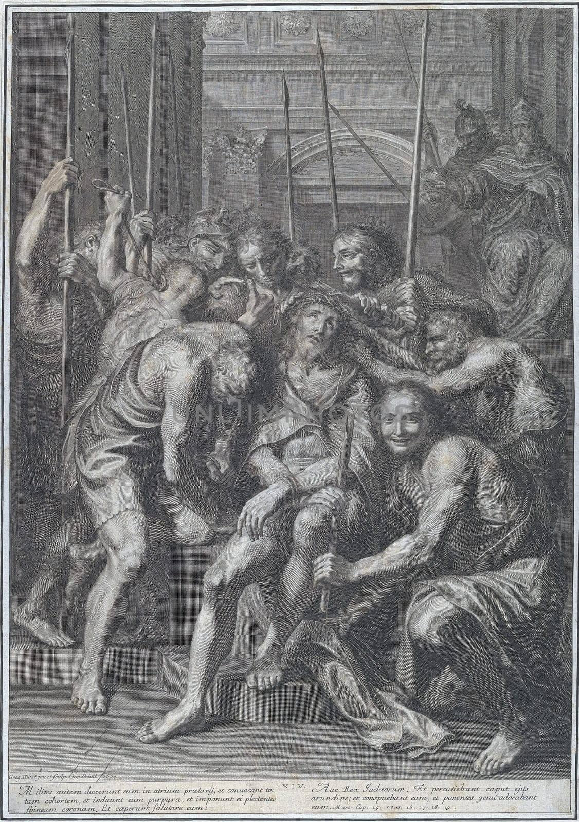 A black and white engraving of Christ being crowned with thorns, surrounded by soldiers and onlookers. The scene is dramatic and detailed, with figures in various poses and expressions.