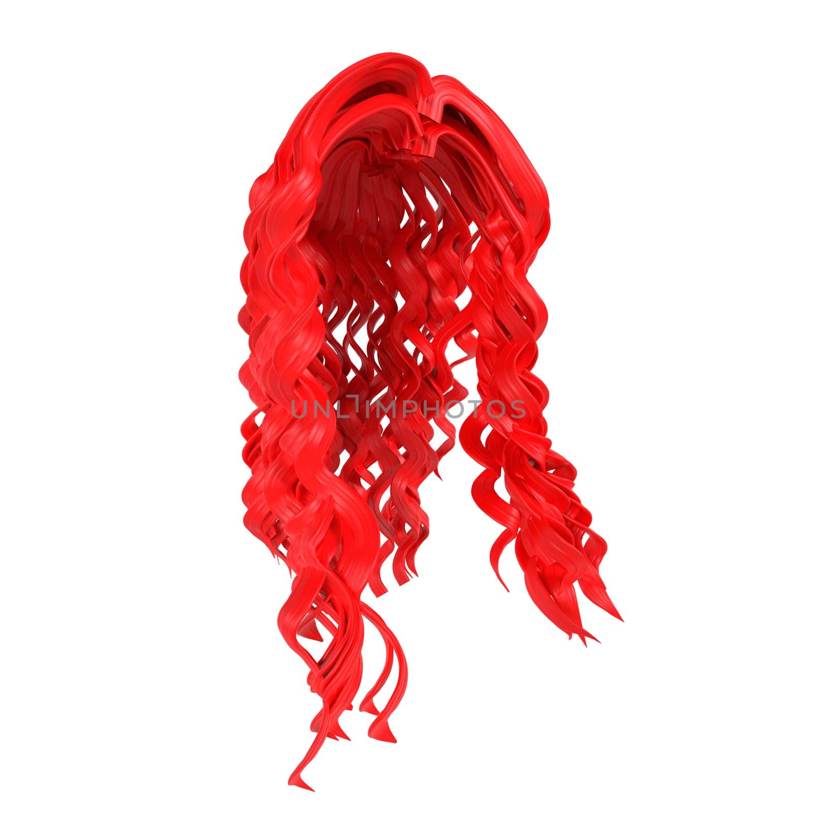 A vibrant curly red wig is showcased against a plain backdrop, highlighting its unique style.