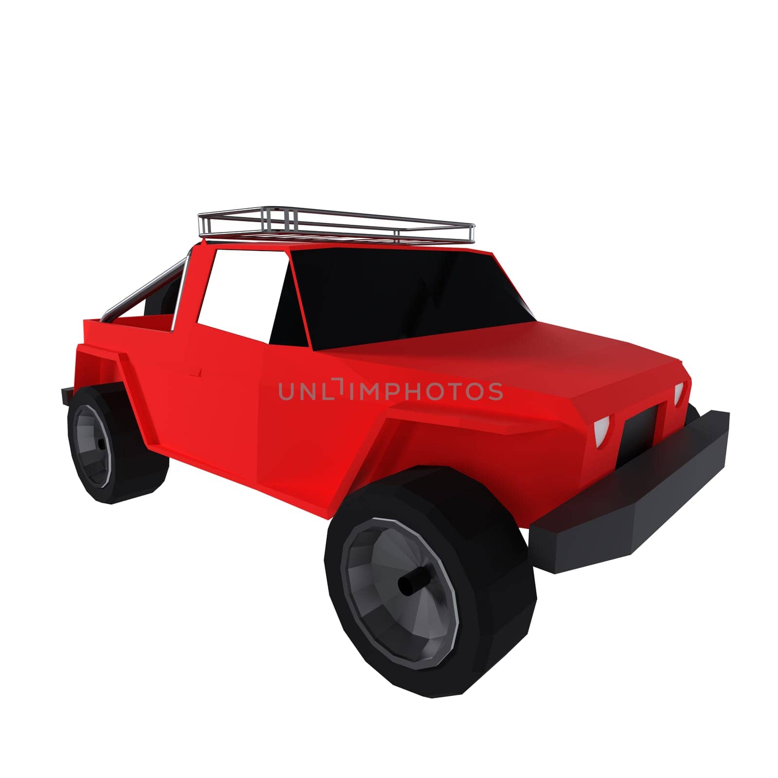 A red, low-poly car model featuring a roof rack and bold design elements.