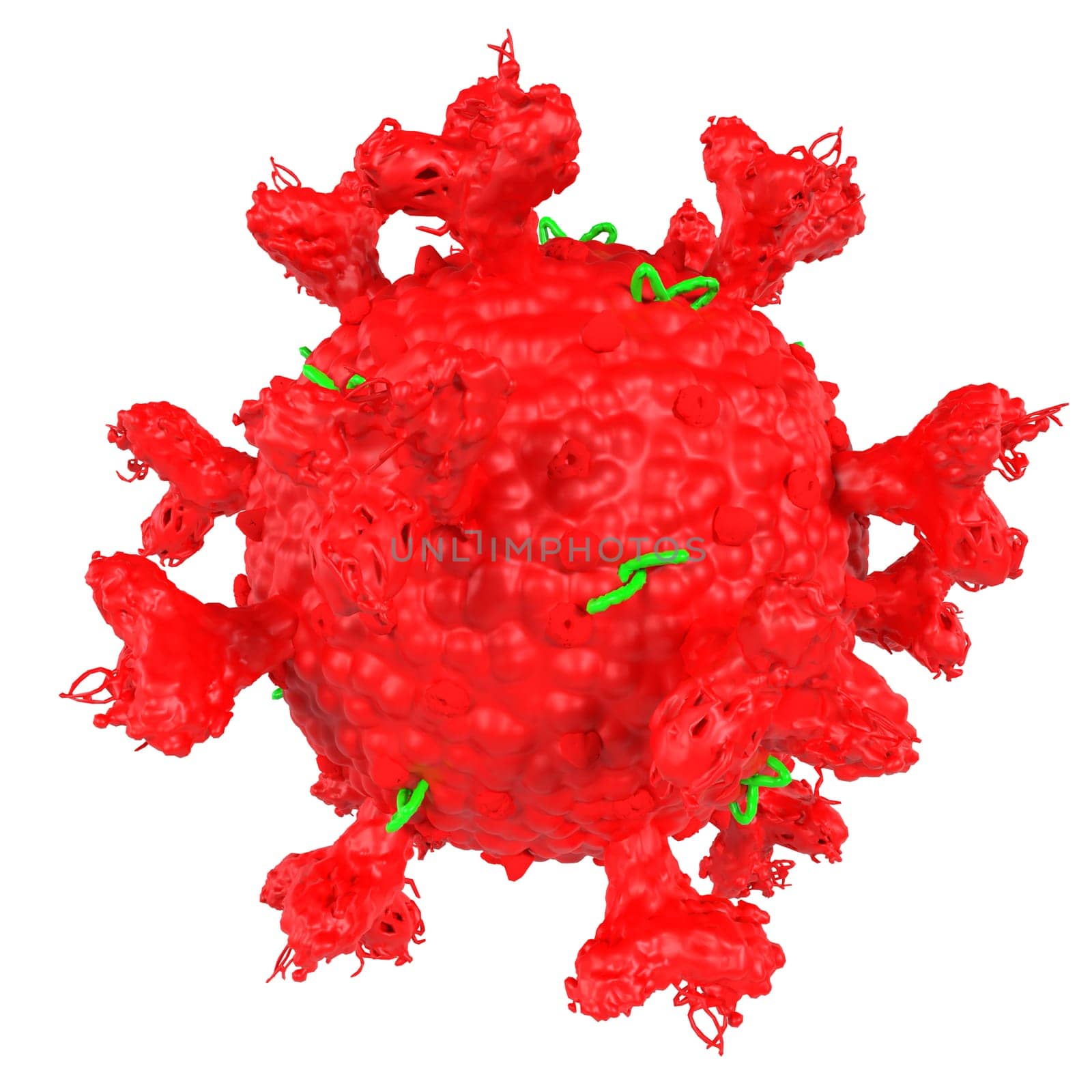 A detailed illustration of a red virus with green spike proteins on its surface.