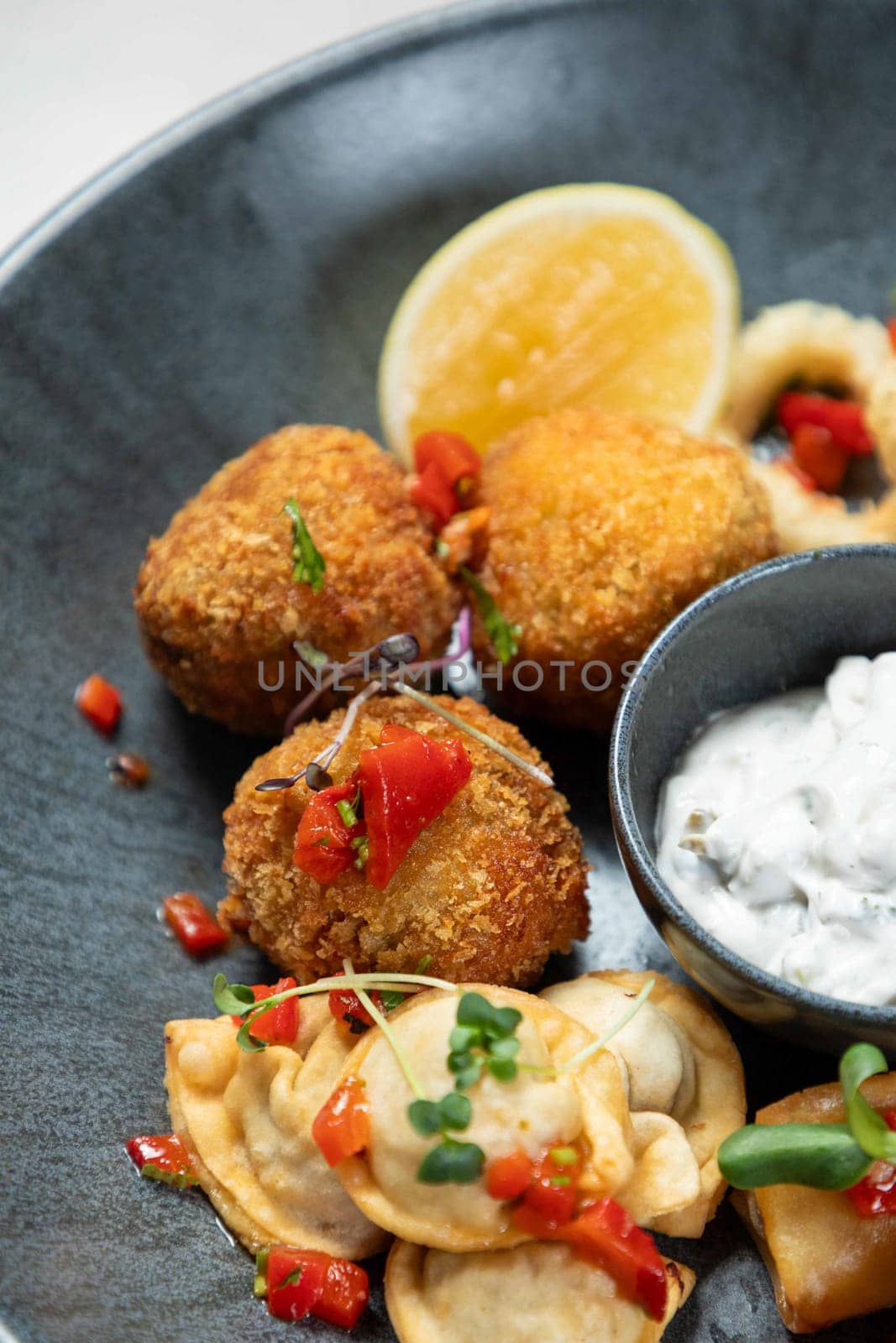 Delicious fried finger food platter with arancini, dumplings and spring rolls served with dipping sauce and fresh herbs