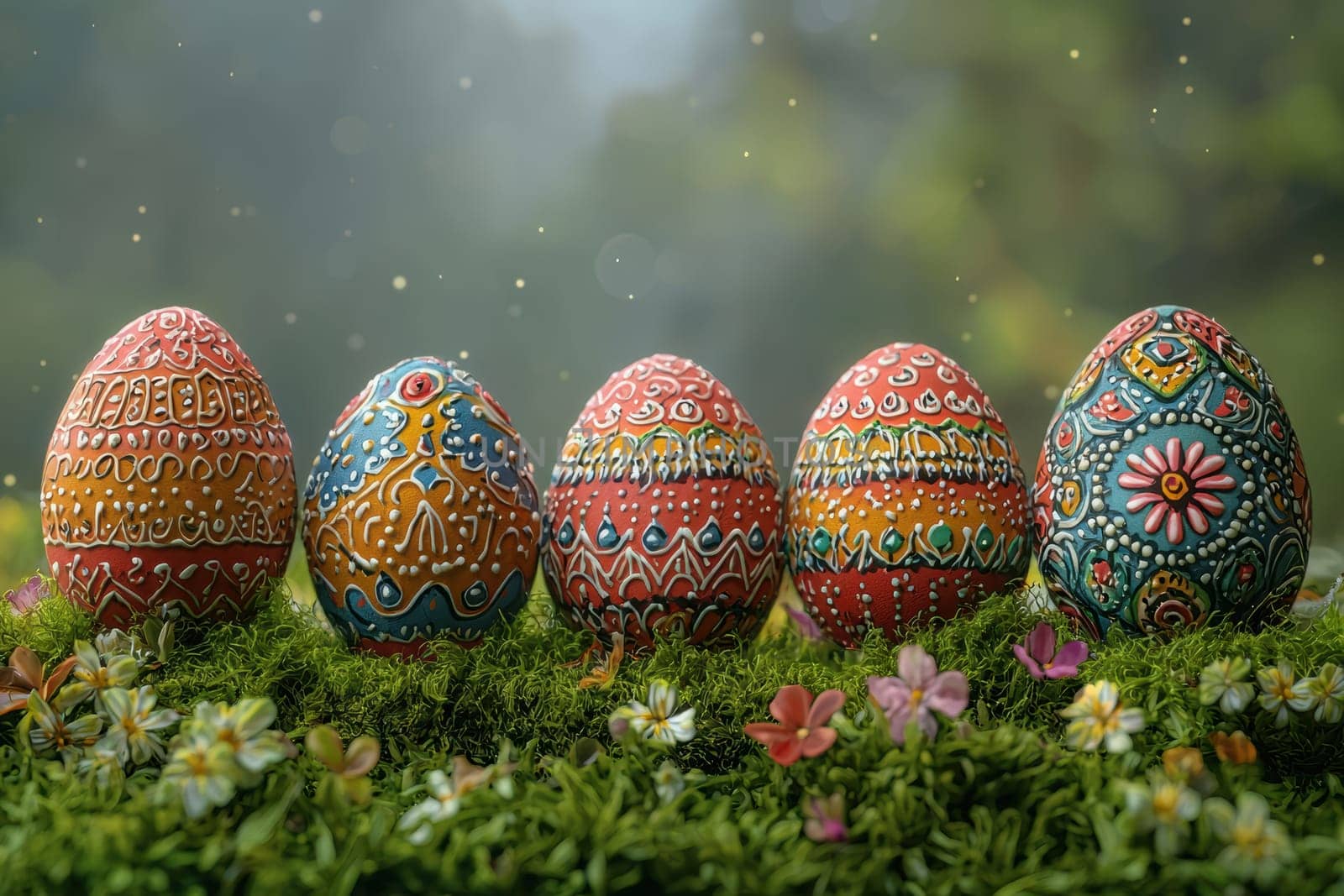 A set of vibrant Easter eggs beautifully displayed among the lush greenery and blooming flowers all around