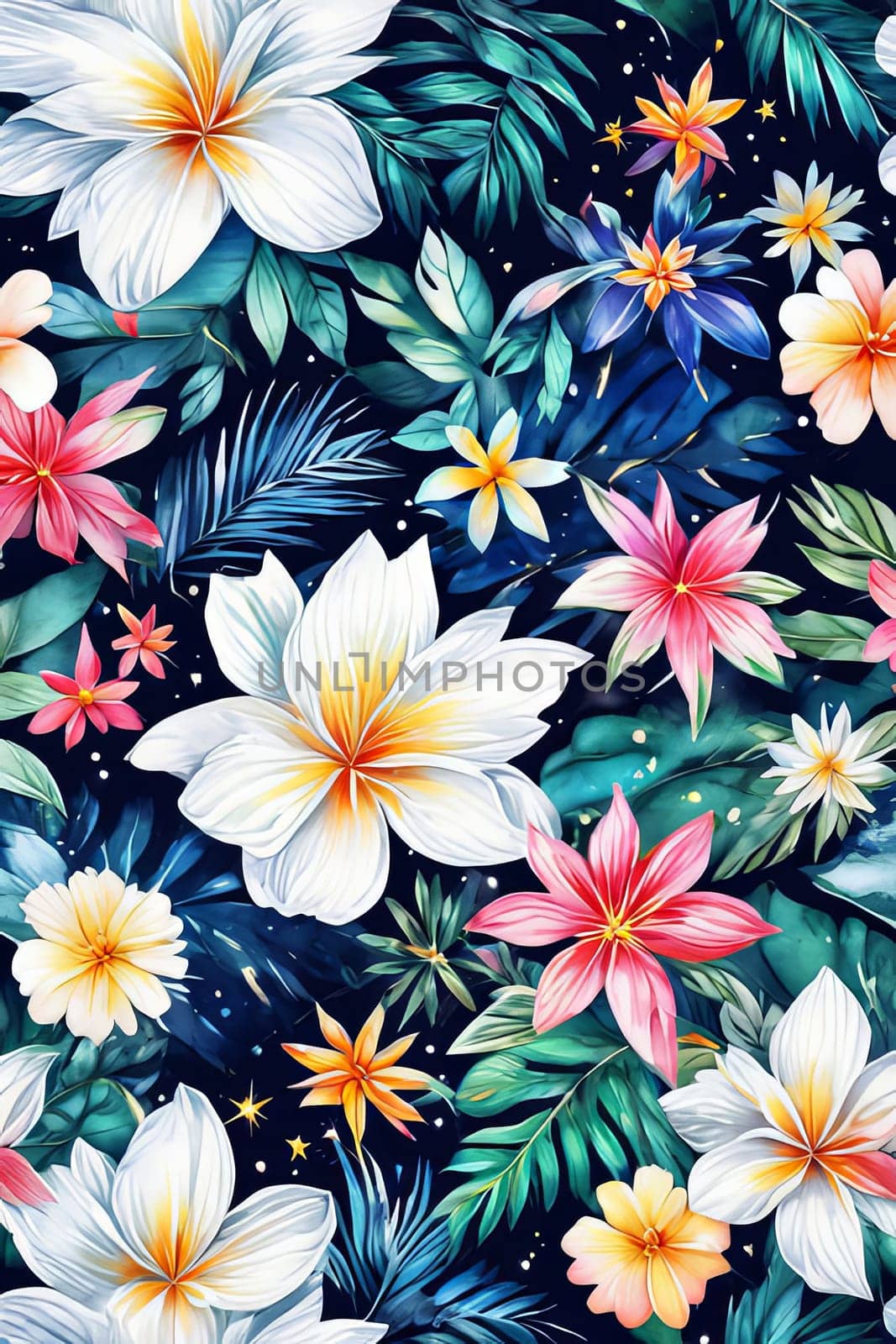 Lush floral pattern with vibrant pink, white petals against deep blue background. Dynamic leaves add depth, for projects needing fresh, nature inspired design, poster, greeting card, print, background