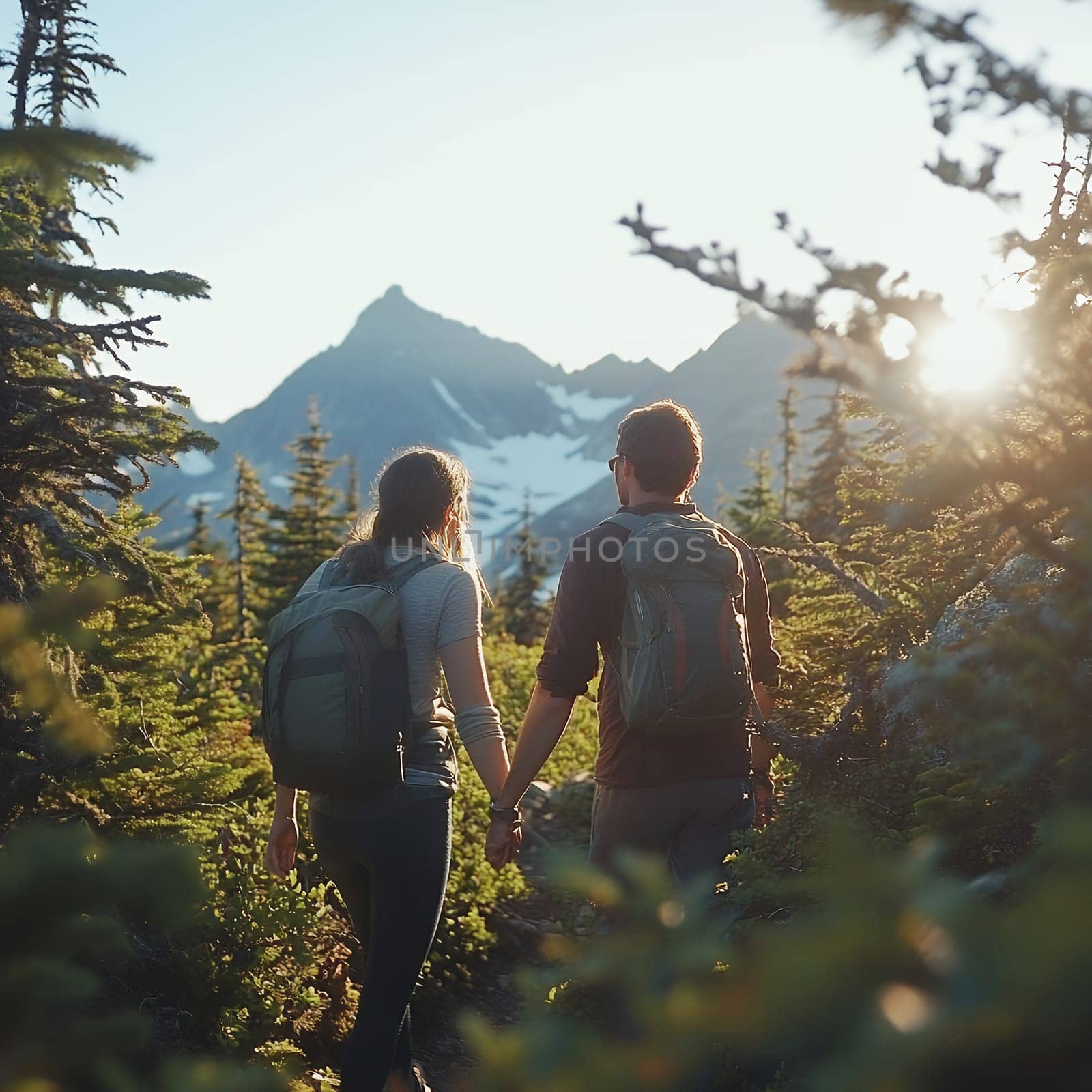 Young couple holding hands while hiking through pine forest with snow capped mountain peaks in background during sunset.