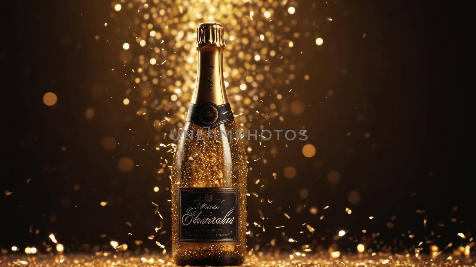 A bottle of champagne stands proudly as golden confetti bursts around it, creating a joyous atmosphere perfect for celebrations and special occasions. The elegance of the scene invites festivities.