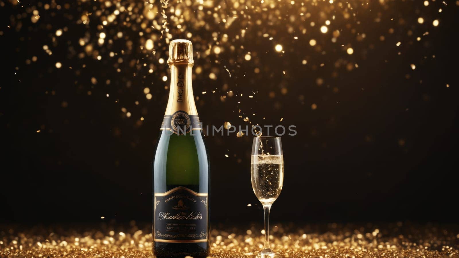 A bottle of champagne bursts open, sending sparkling droplets into the air, while a flute glistens beside it, creating a joyous atmosphere filled with golden celebration.