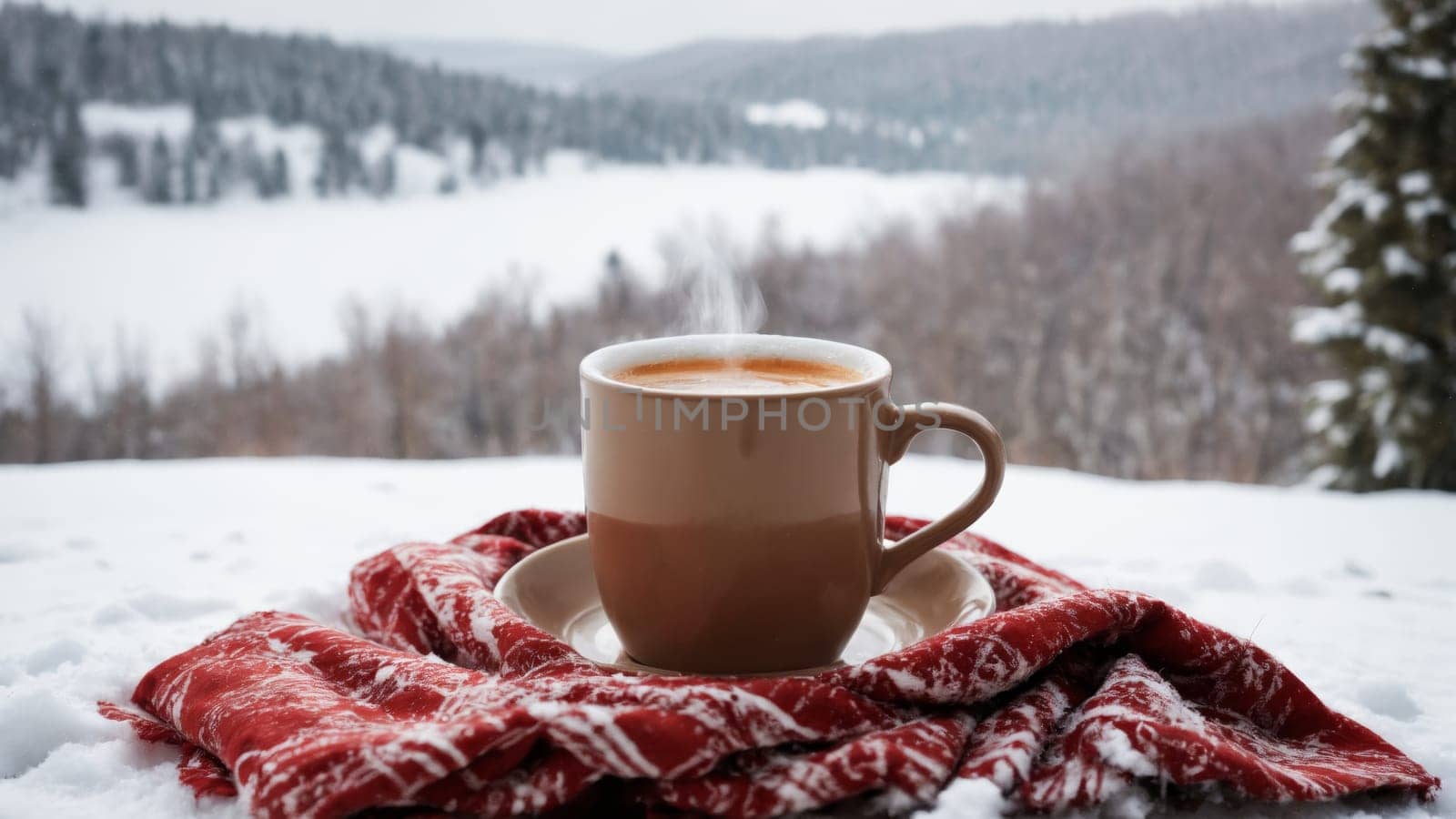 A cozy cup of steaming coffee rests on a knitted blanket, framing a serene winter landscape filled with snow-covered trees and distant mountains, inviting relaxation and warmth.