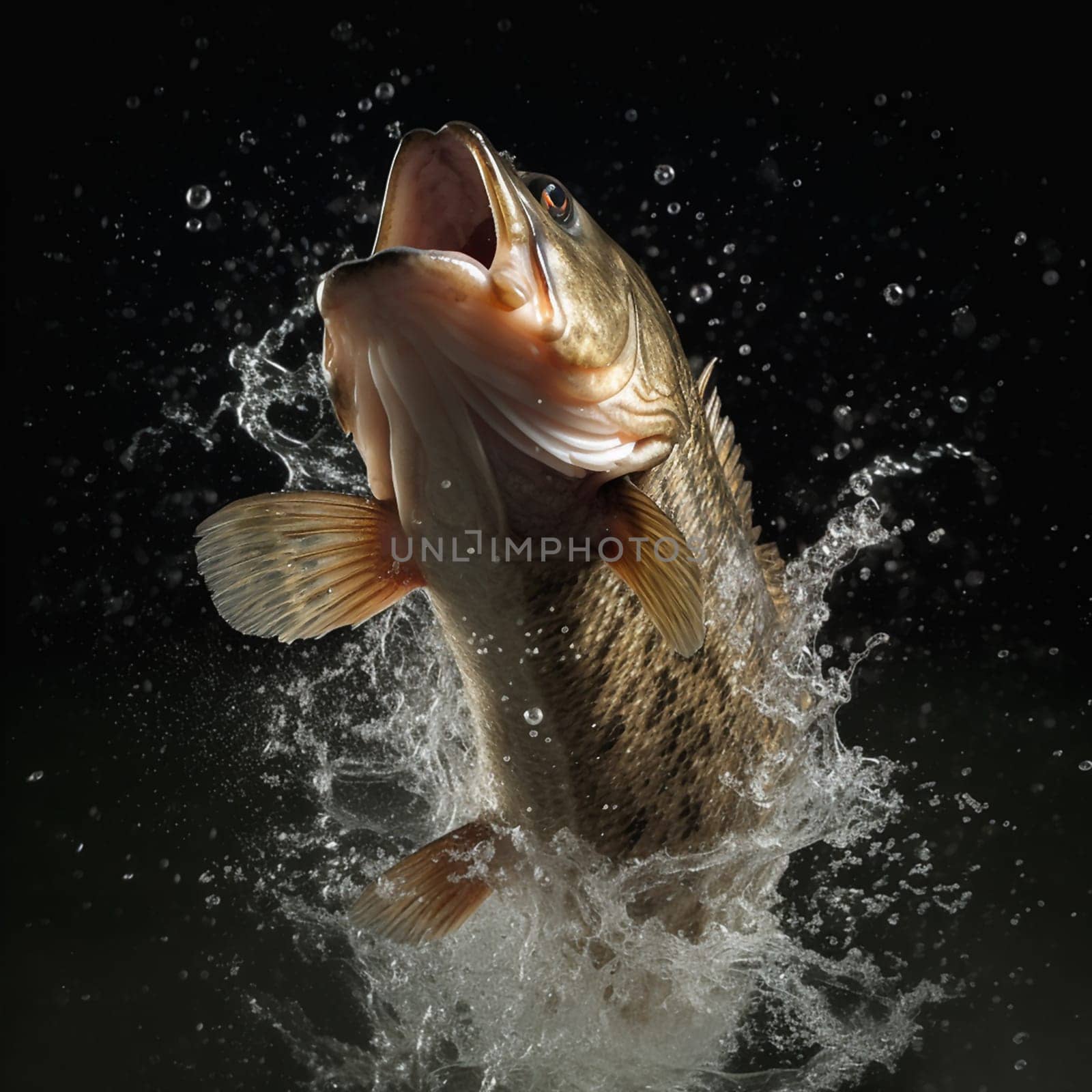 A fish is leaping out of the water, with its mouth open and its gills exposed. The image captures the excitement and energy of the fish as it jumps out of the water
