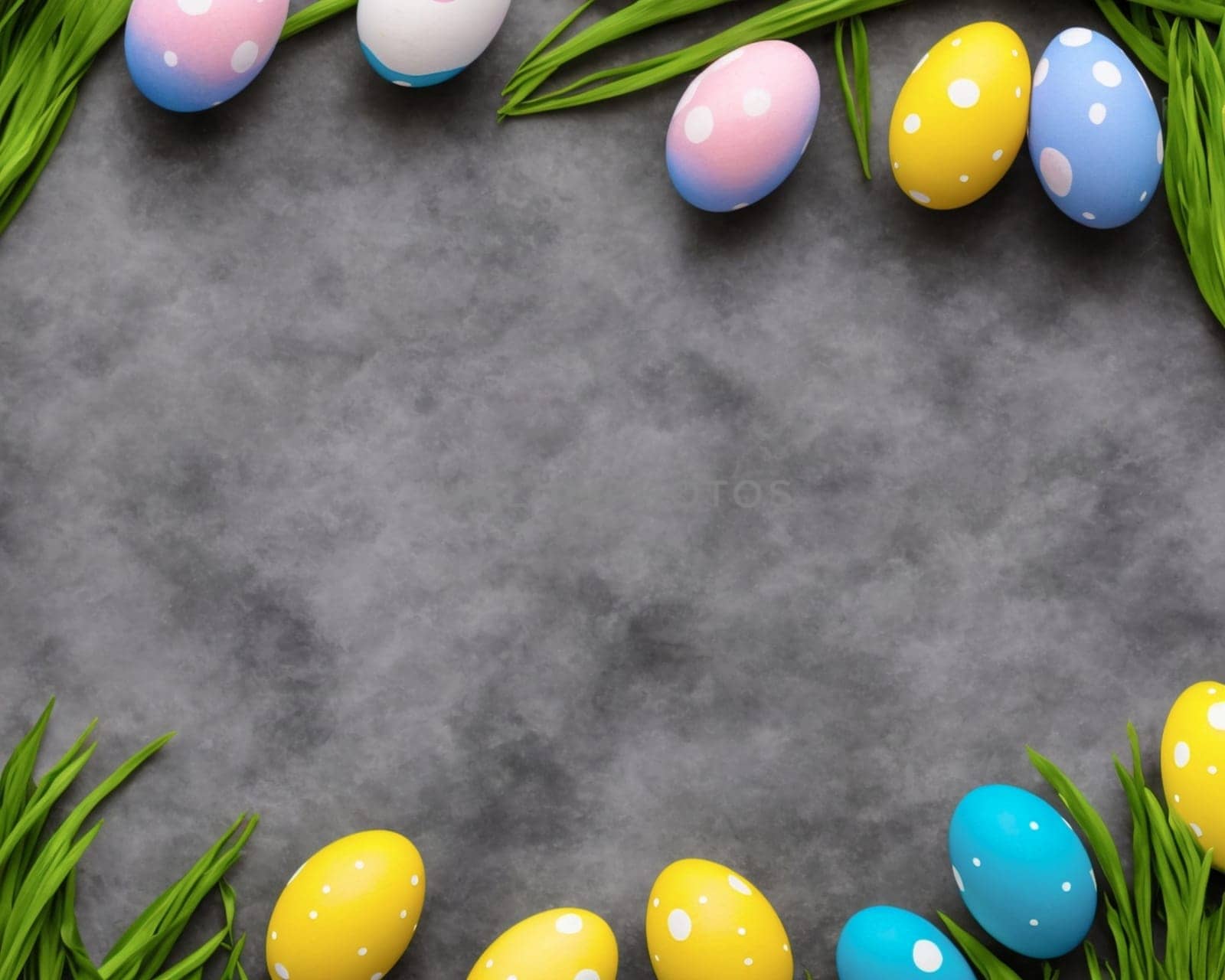 A gray background with a row of colorful eggs on it. The eggs are arranged in a way that they look like they are growing out of the grass. Scene is cheerful and playful