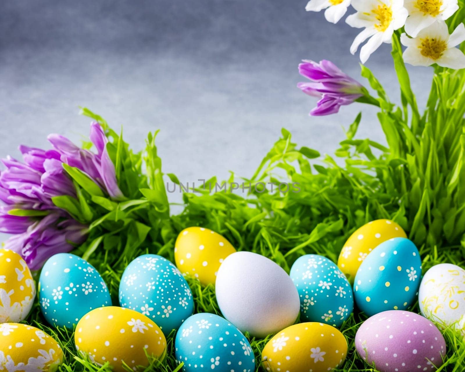 A bunch of Easter eggs are scattered on a grassy field with purple flowers in the background. The eggs are of different colors and sizes