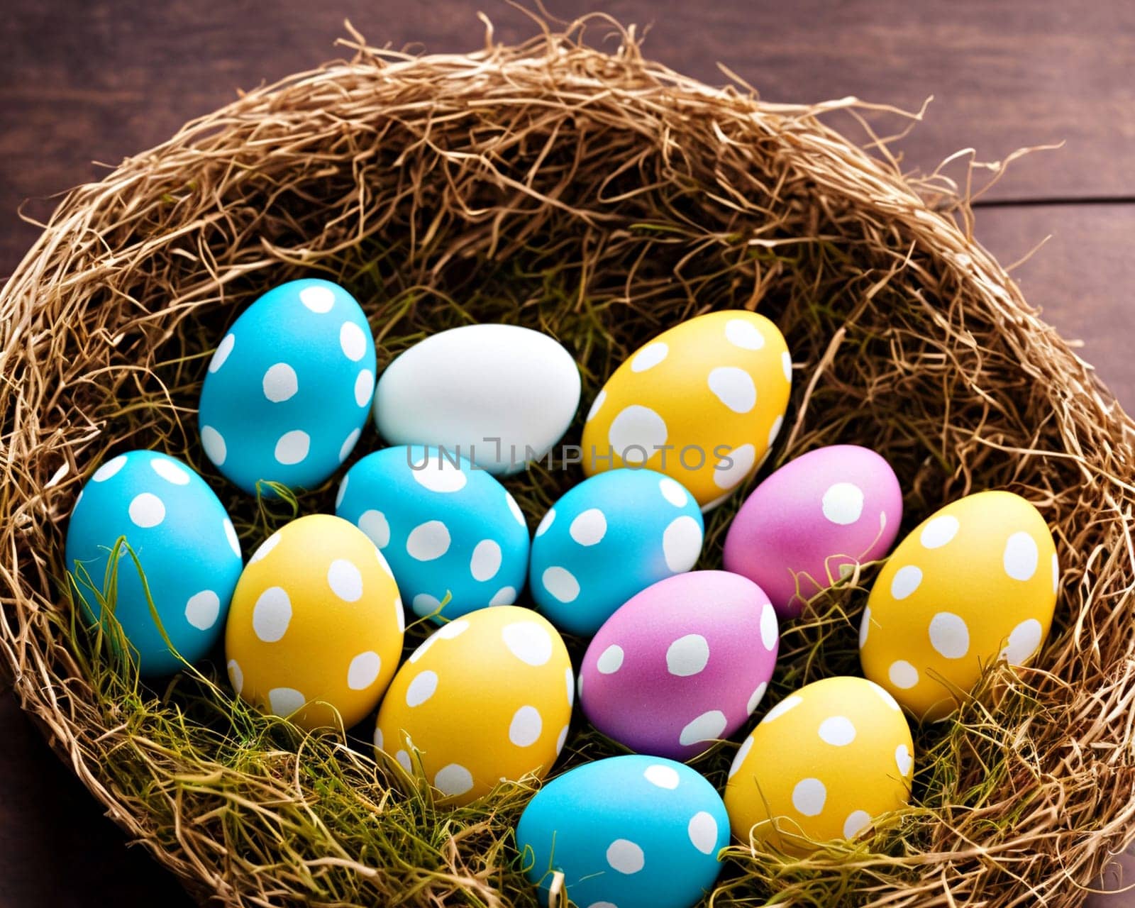 A basket full of colorful eggs with white dots on them. The eggs are in a nest made of straw