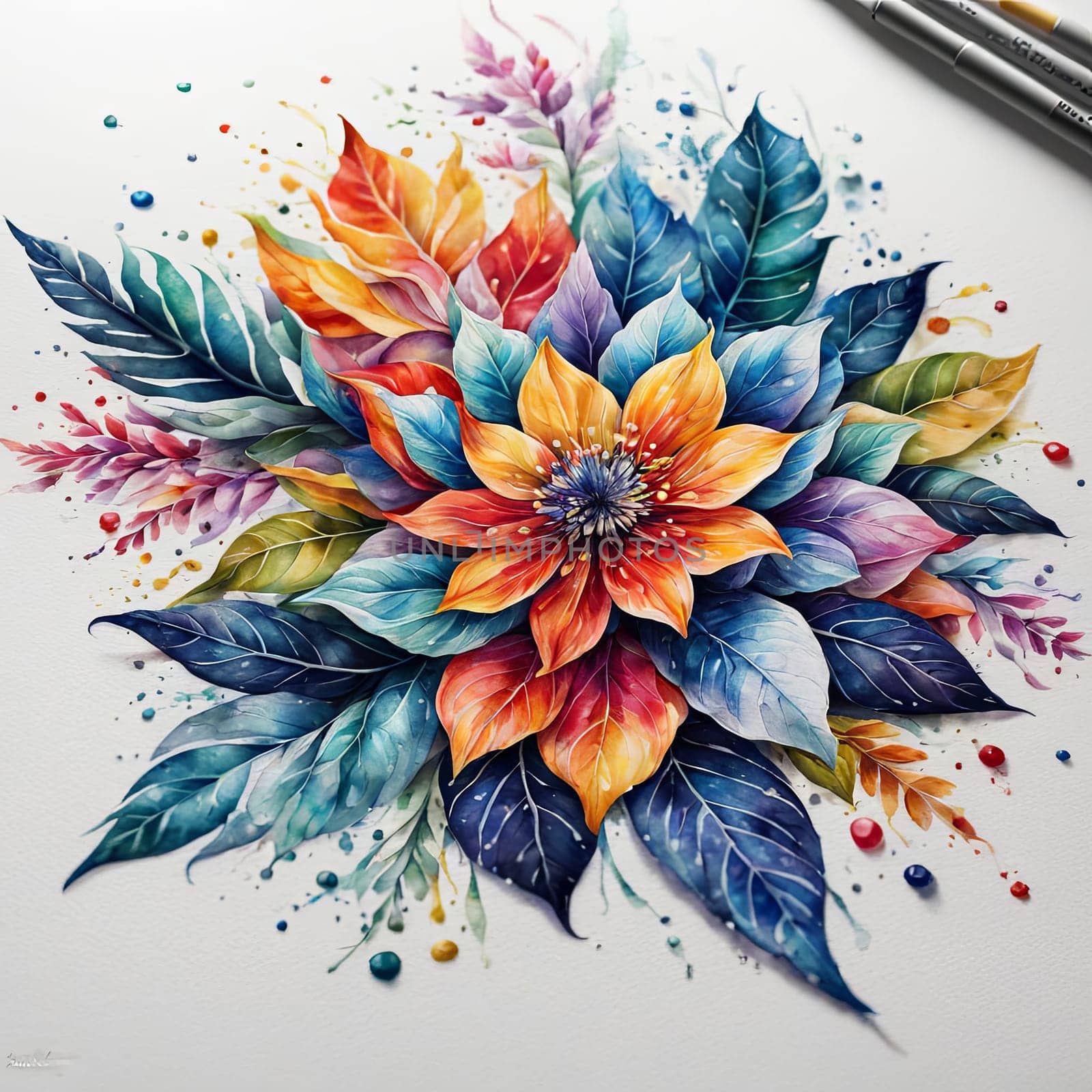 Stunning floral design featuring colorful blossoms, lush leaves. Pink white petals create captivating contrast. For project needing bold, dynamic visual with touch of nature, greeting card, background