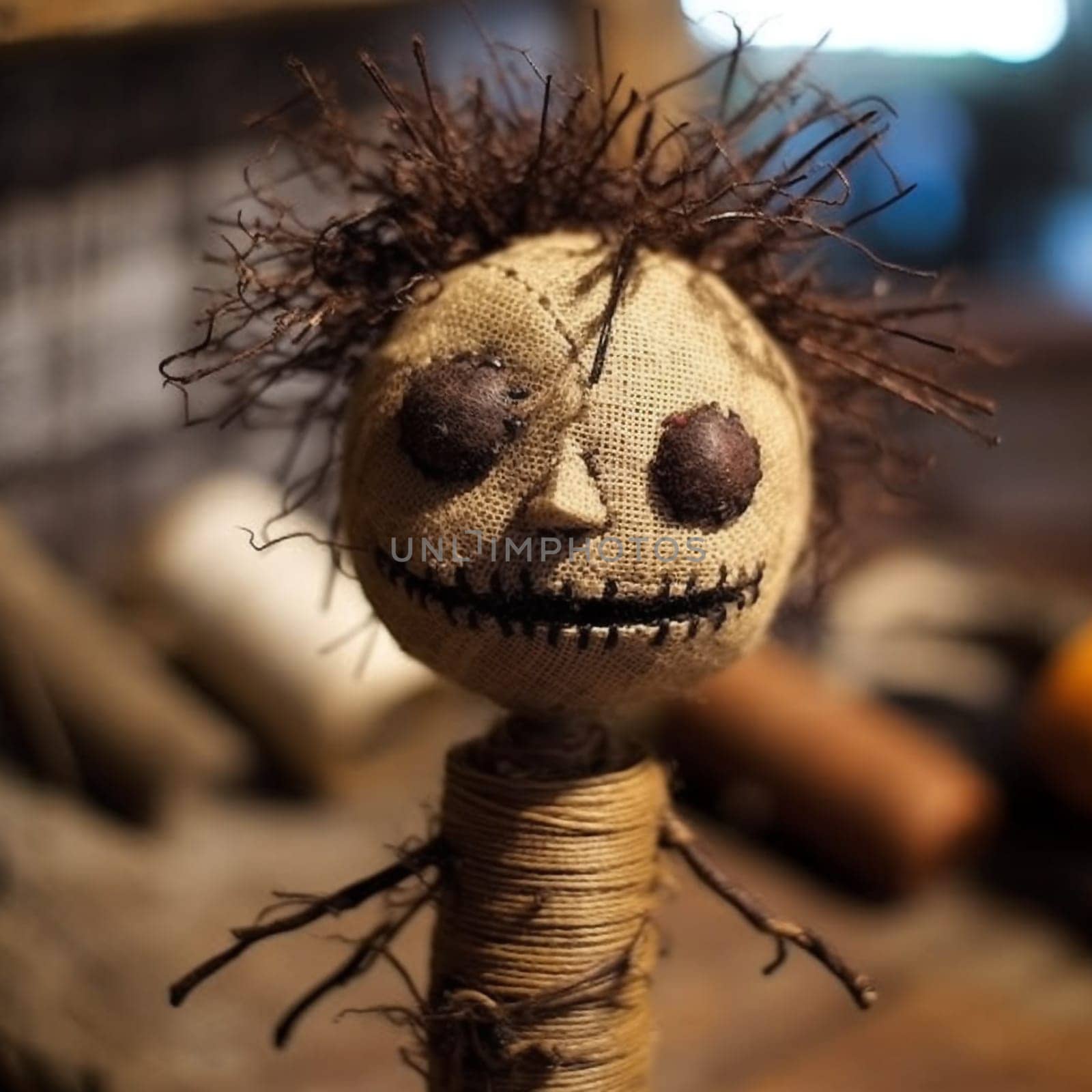 A creepy doll with a scary face and a creepy expression. The doll is made of straw and has a creepy look to it