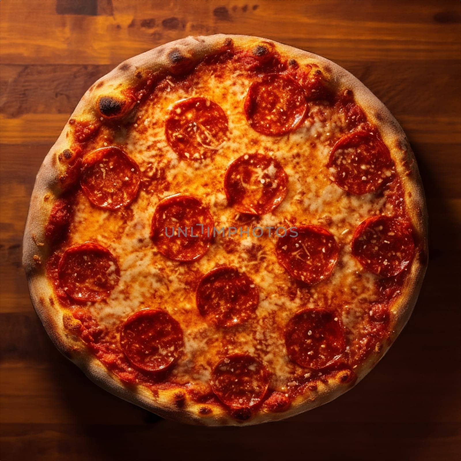 A pizza with pepperoni on it. The pizza is sitting on a wooden table. The pizza is very large and has a lot of pepperoni on it