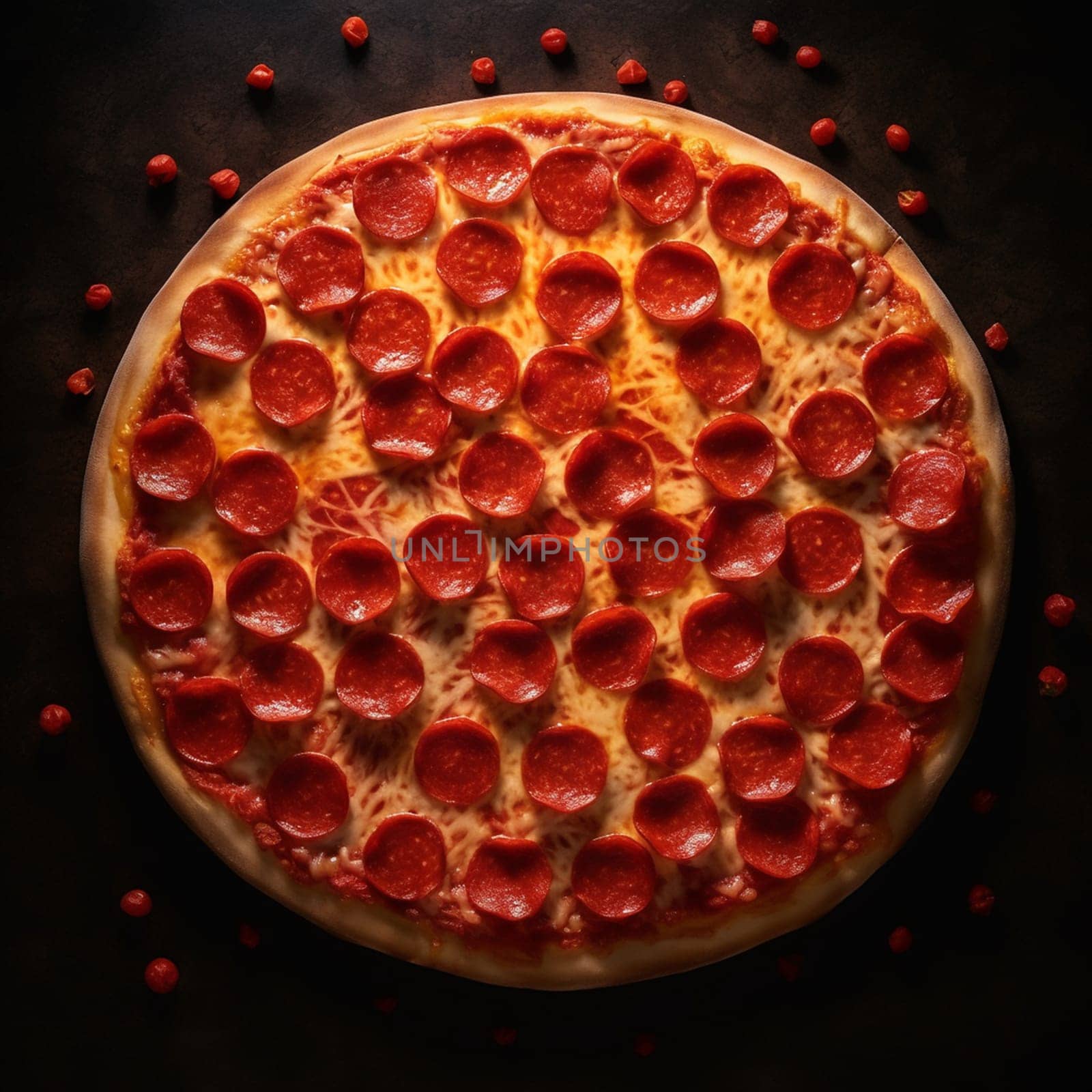 A pizza with pepperoni on it. The pizza is on a table with a lot of pepperoni scattered around it