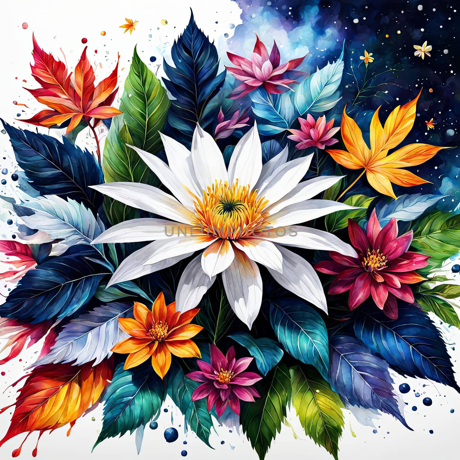 Stunning floral design featuring colorful blossoms, lush leaves. Pink white petals create captivating contrast. For project needing bold, dynamic visual with touch of nature, greeting card, background