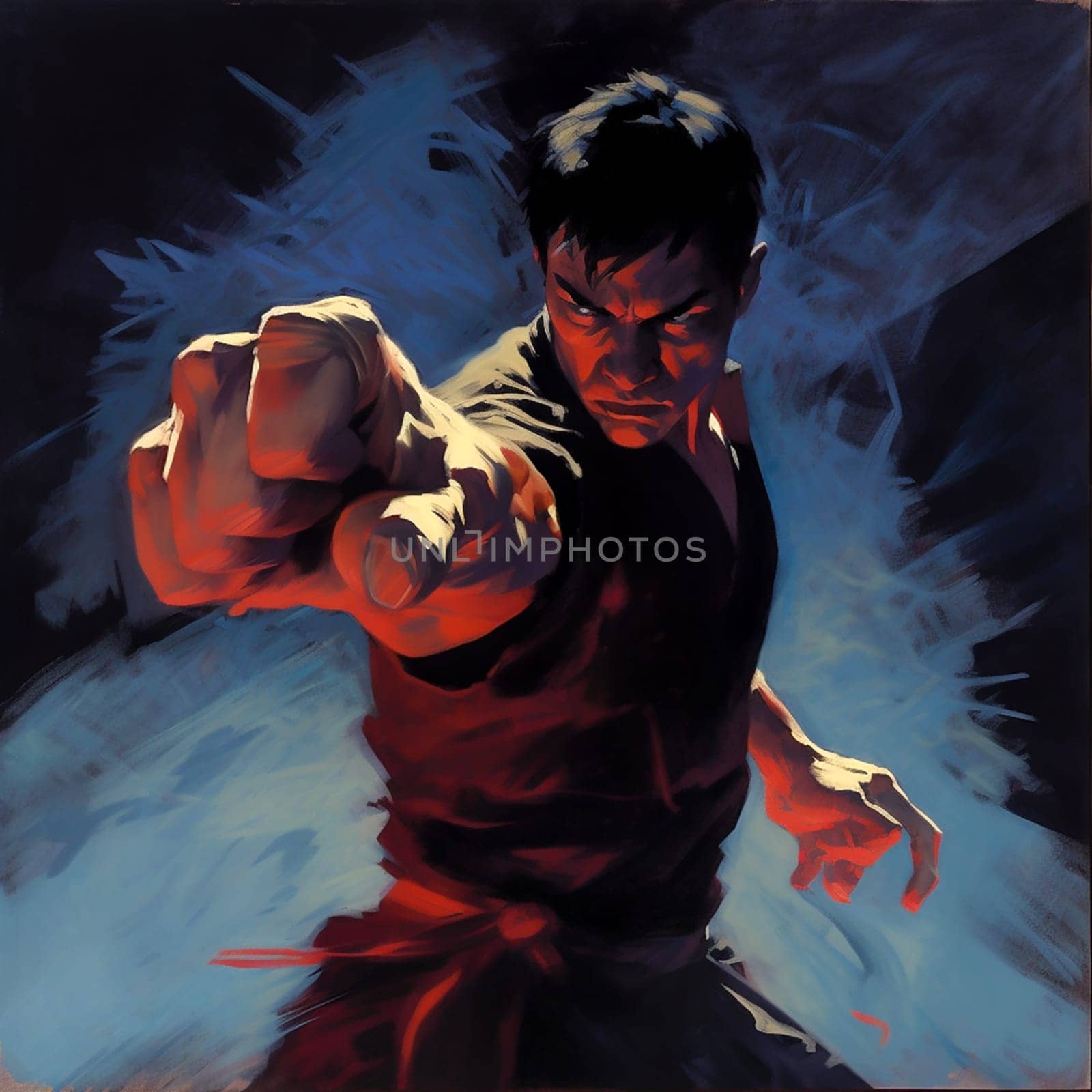A man is punching the air. A man in a red shirt with his fist raised