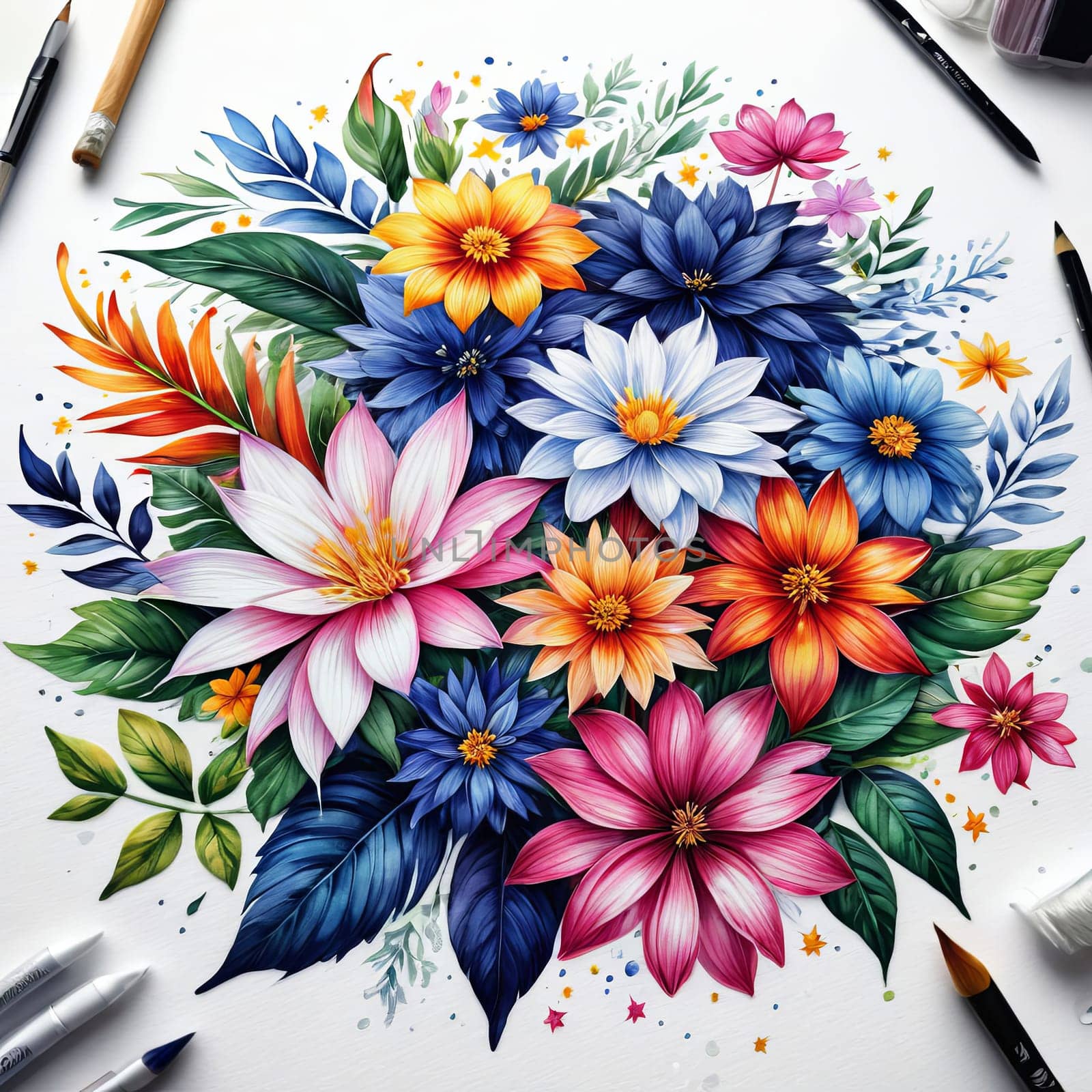 Stunning floral design featuring colorful blossoms, lush leaves. Pink white petals create captivating contrast. For project needing bold, dynamic visual with touch of nature, greeting card, background