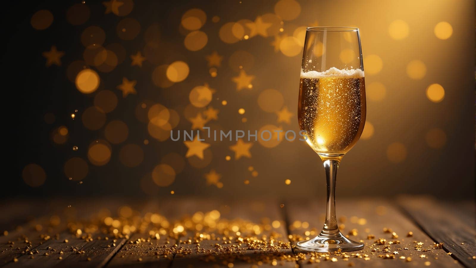 A tall glass filled with sparkling golden liquid stands on a wooden surface, surrounded by a magical display of golden stars and soft lights, creating a festive atmosphere perfect for celebrations.