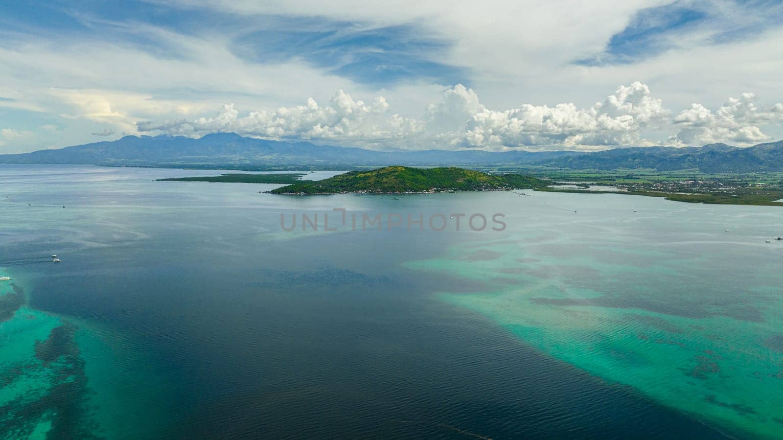 Aerial drone of blue sea and Negros island view from the sea. Philippines.