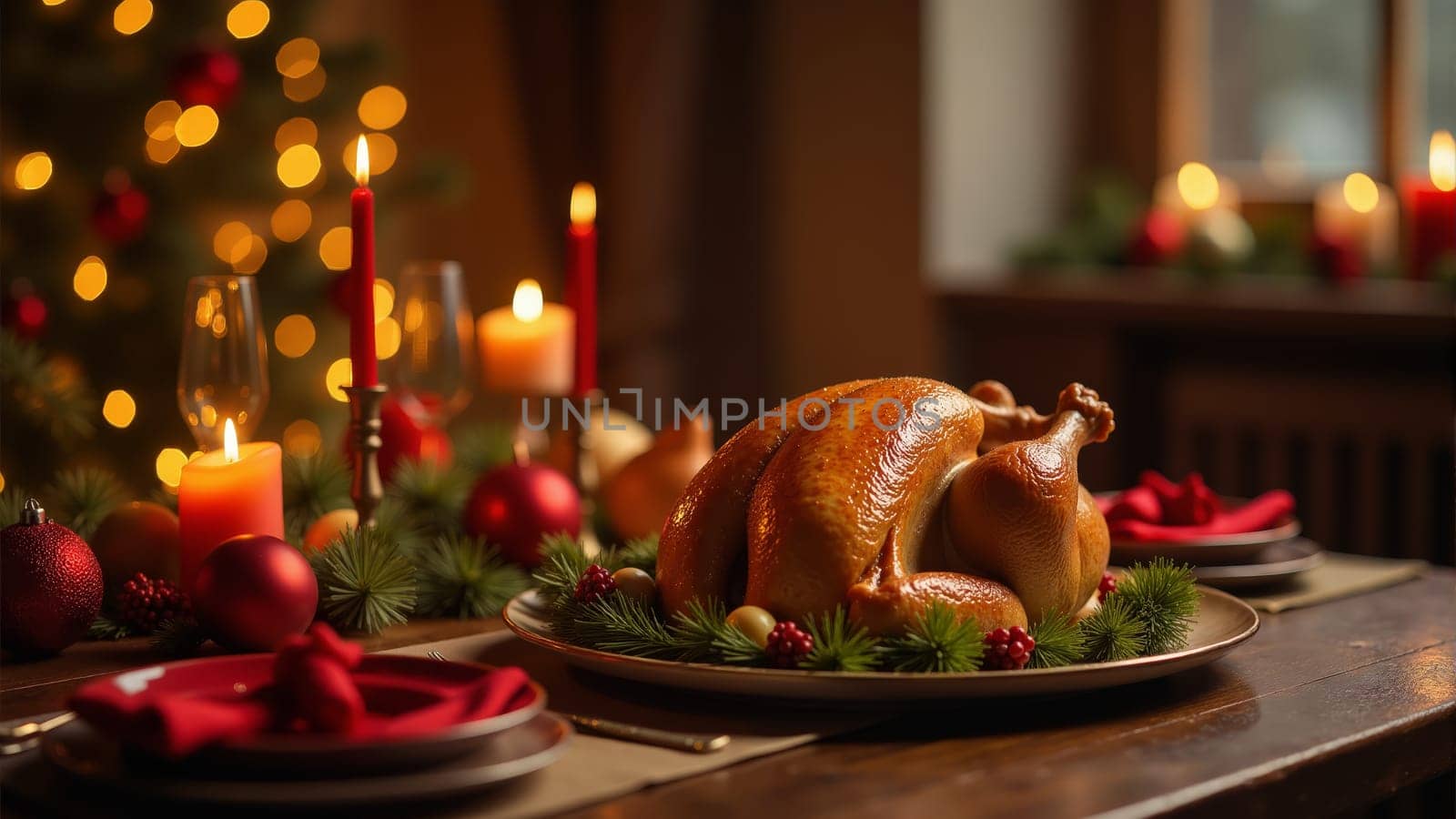 A beautifully arranged holiday table showcases a golden roasted turkey surrounded by festive decor. The warm glow of candles and a decorated tree create a cozy atmosphere for gathering.