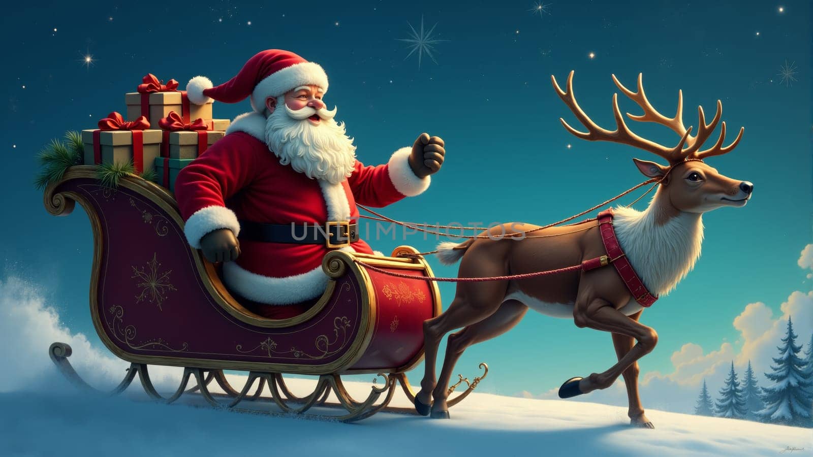 In a magical winter landscape, a jolly Santa Claus waves from his decorated sleigh, pulled by a spirited reindeer while surrounded by softly falling snow. Gifts pile high behind him, spreading cheer.
