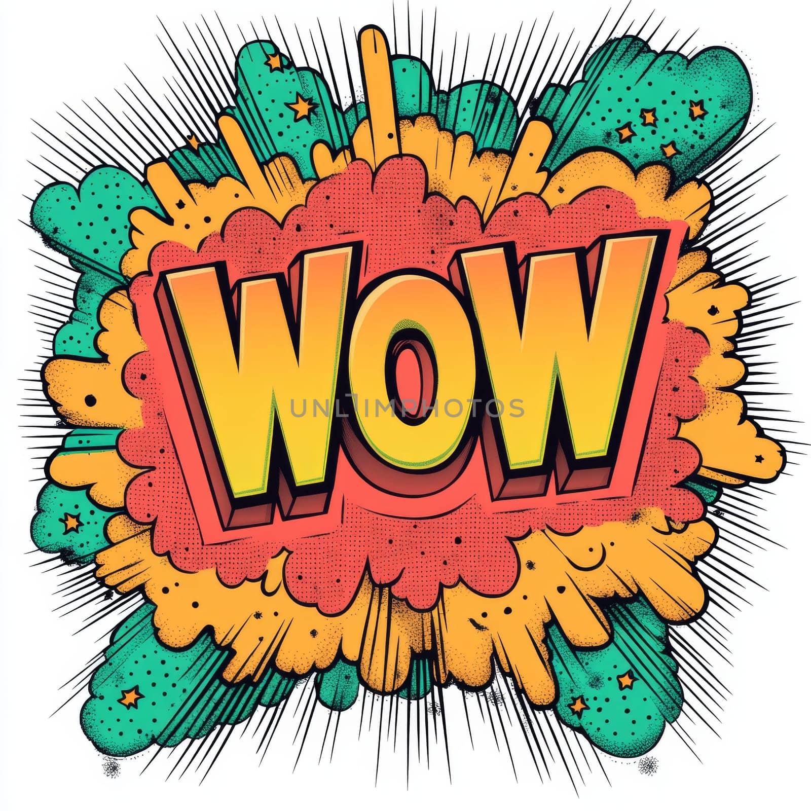 wow. The word is written in the style of a comic book or cartoon illustration. High quality photo