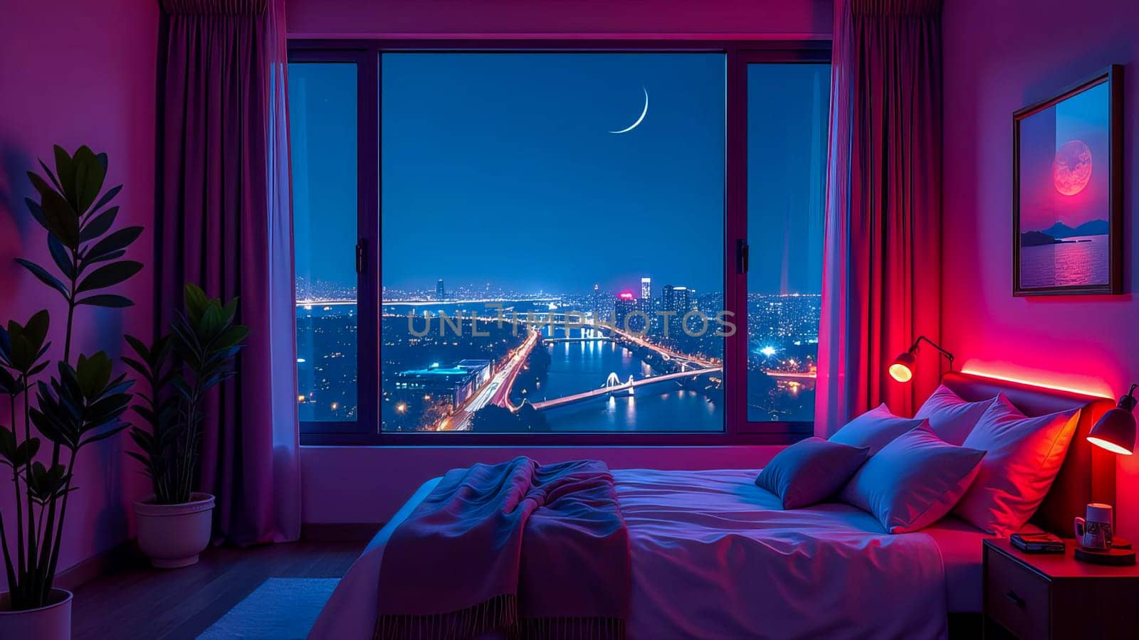 Bedroom interior with large window and night cityscape with neon lights.
