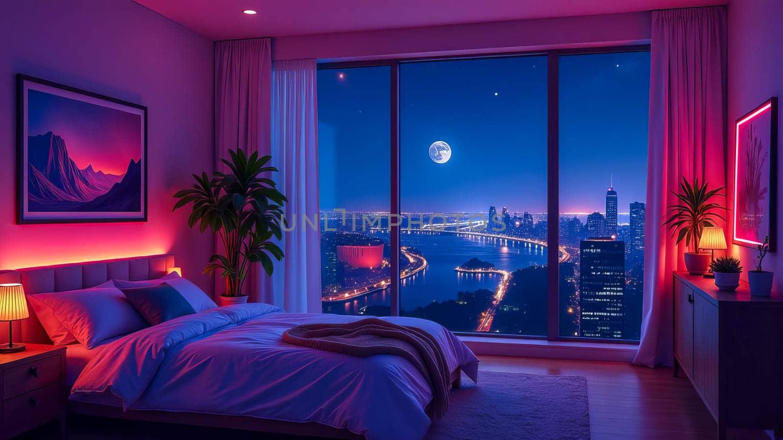 Bedroom interior with large window and night cityscape with neon lights.