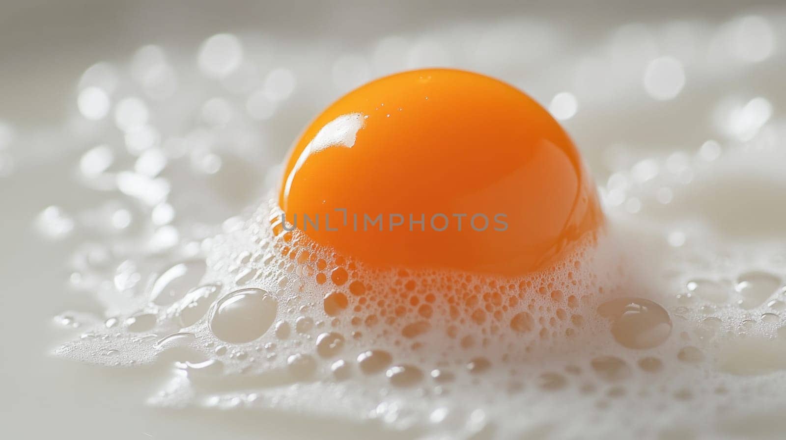 Close up of an egg yolk nestled in a bed of frothy egg white, ready for cooking